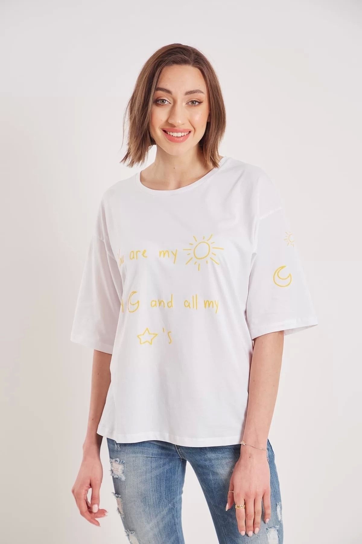 Kadın White Oversize You're My Sun Yazı Baskılı T-shirt