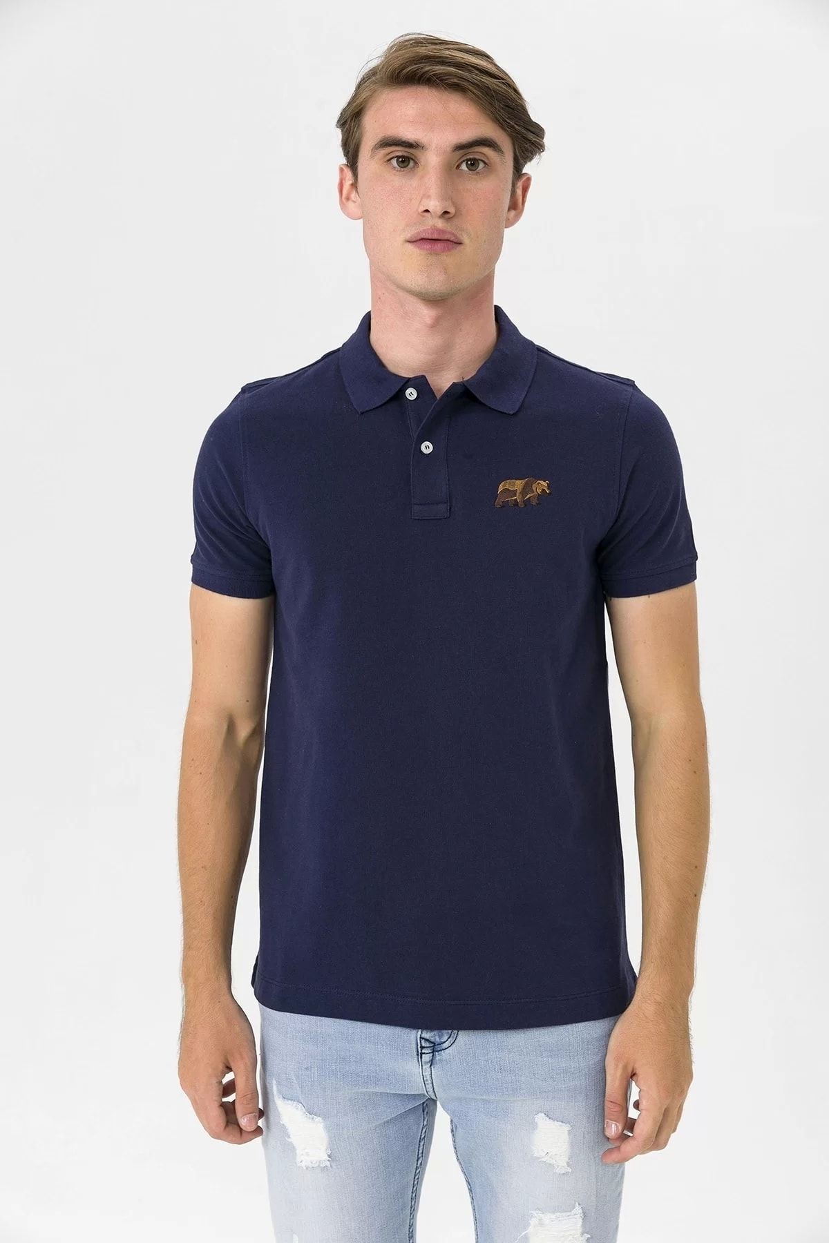 Polo Yaka Ayı Nakış Detaylı Erkek T-shirt - lacivert