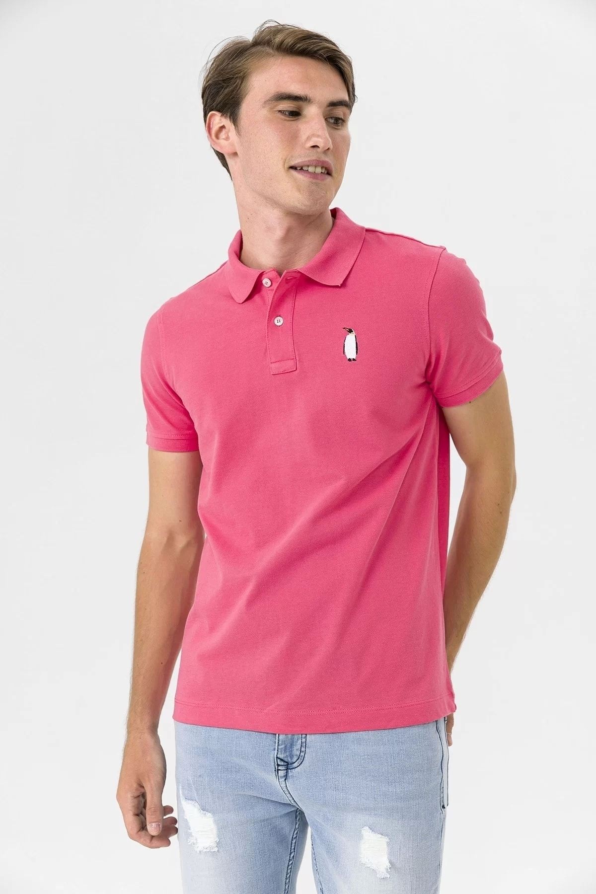 Polo Yaka Penguen Nakış Detaylı Erkek T-shirt - pembe