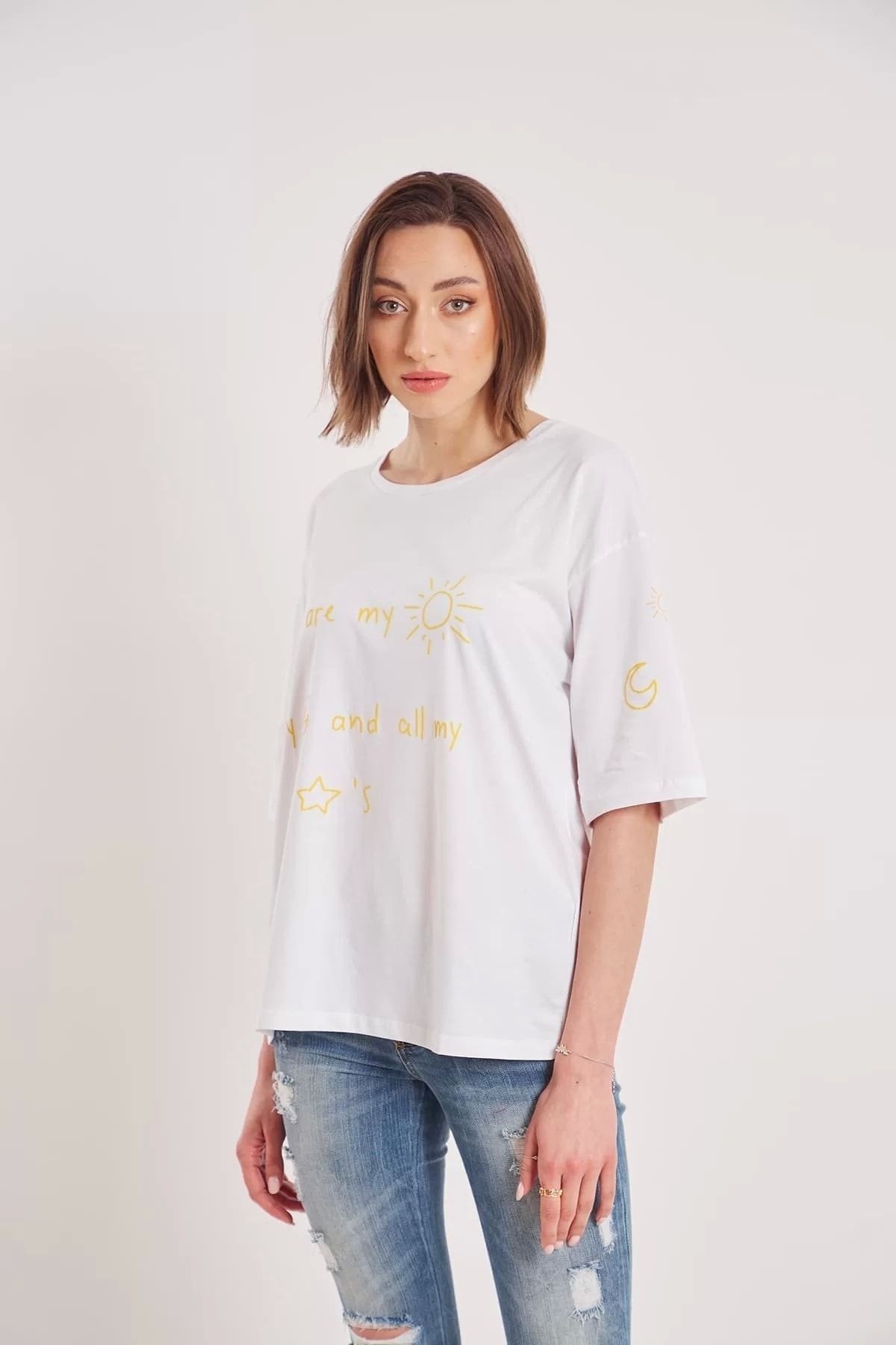 Kadın White Oversize You're My Sun Yazı Baskılı T-shirt