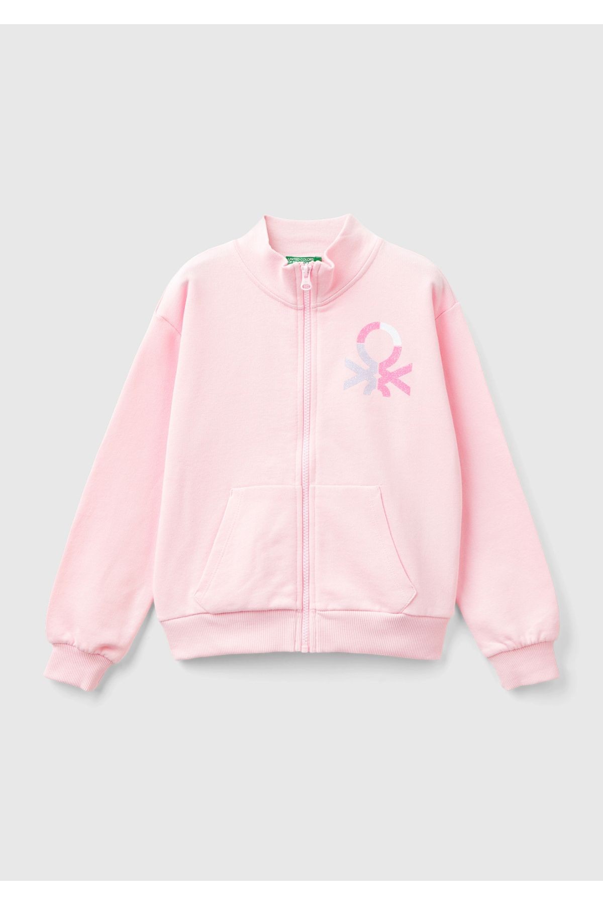 Kız Çocuk Açık Pembe Parıltılı Logo Baskılı Fermuarlı Cepli Yüksek Yaka Sweatshirt