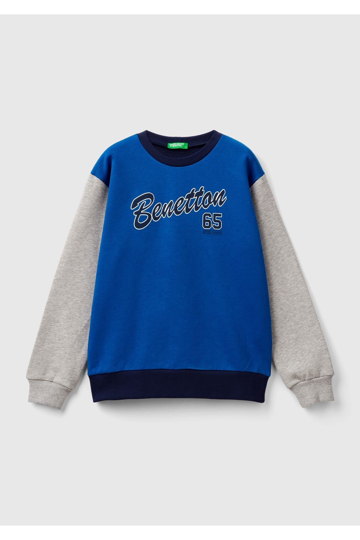 Erkek Çocuk Hardal Mix Önü Logo Baskılı Bisiklet Yaka Ribanalı Sweatshirt - saks mavi mix