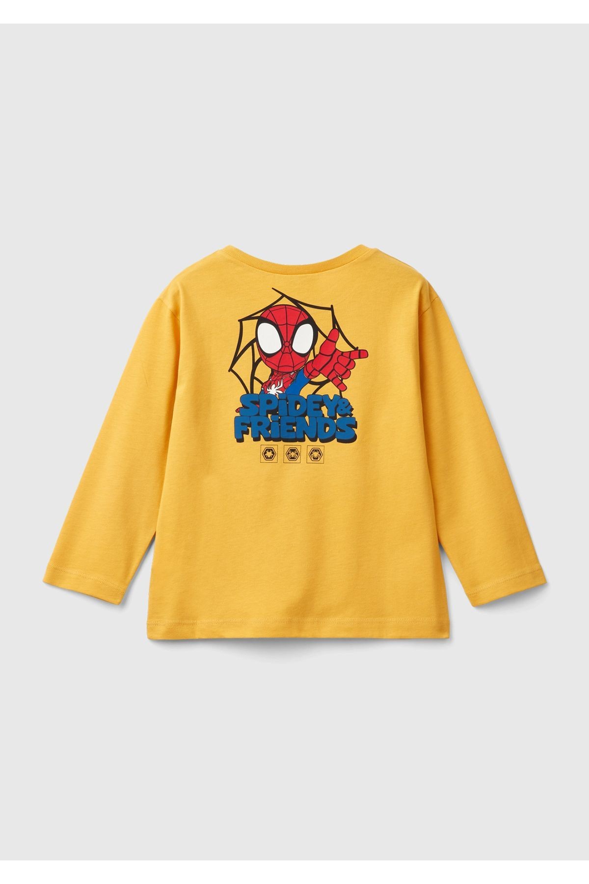 Erkek Çocuk Beyaz Etek Ucu Logo Etiketli Spiderman Baskılı Uzun Kollu T-Shirt - hardal sarı