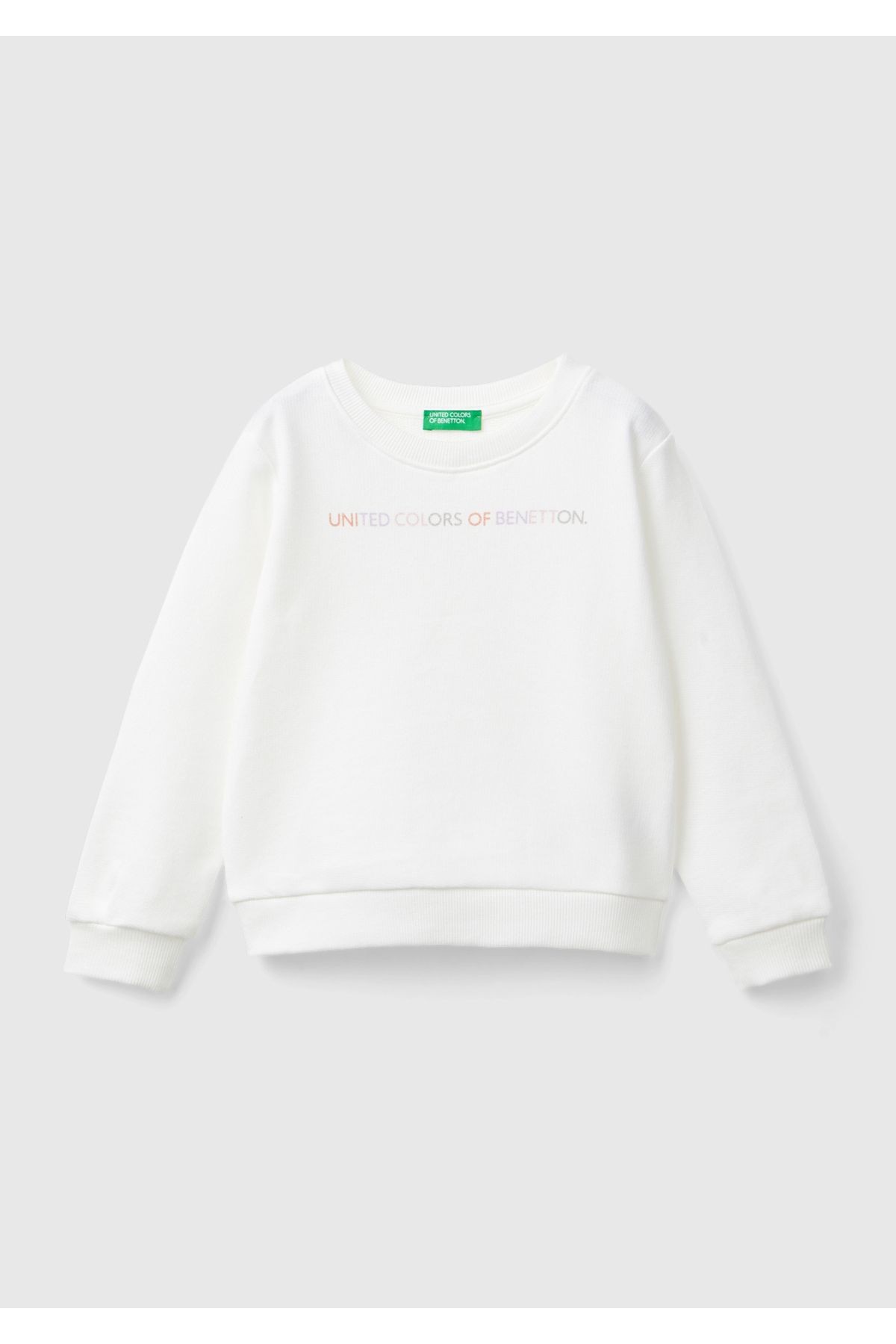 Kız Çocuk Beyaz Önü Simli Logo Baskılı Normal Kesim Bisiklet Yaka Sweatshirt - beyaz