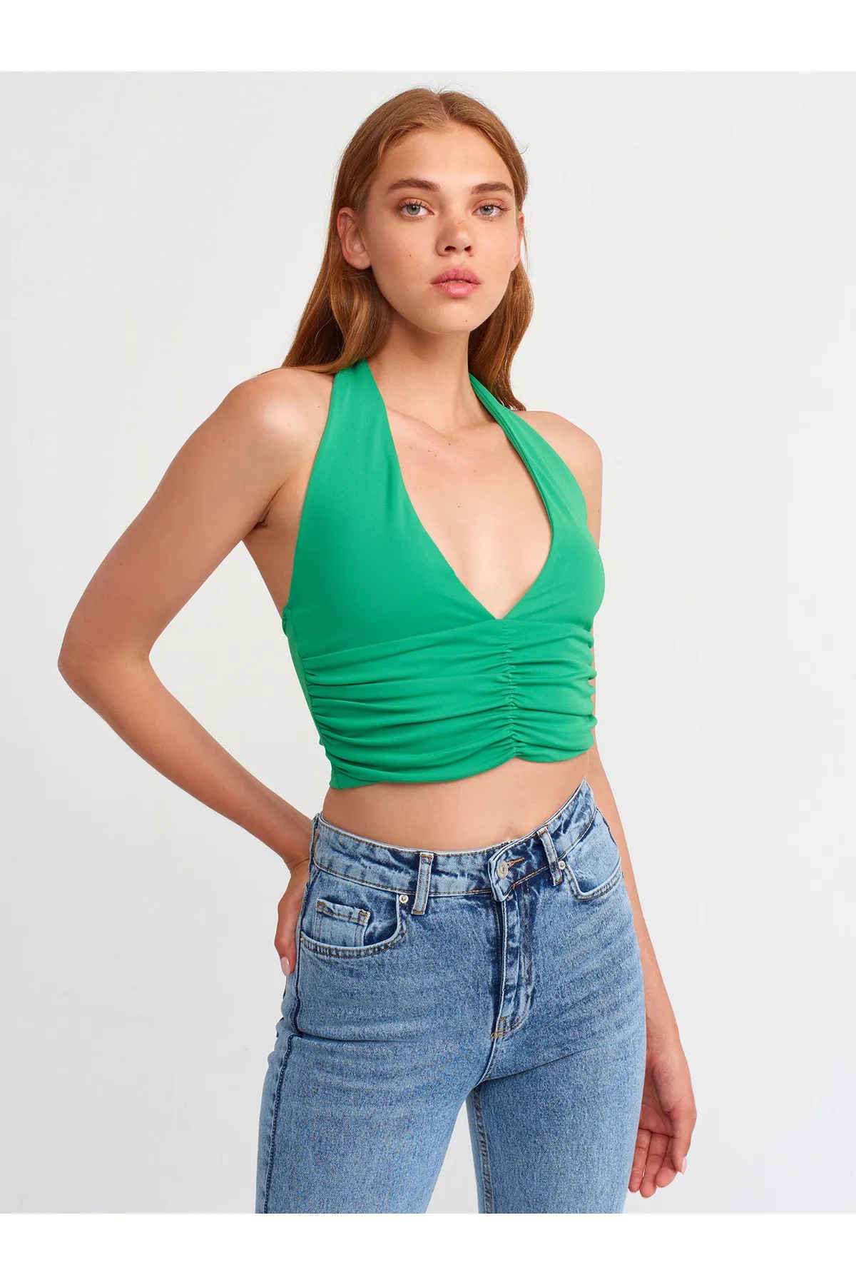 20154 Büzgü Detaylı Crop Top-yeşil