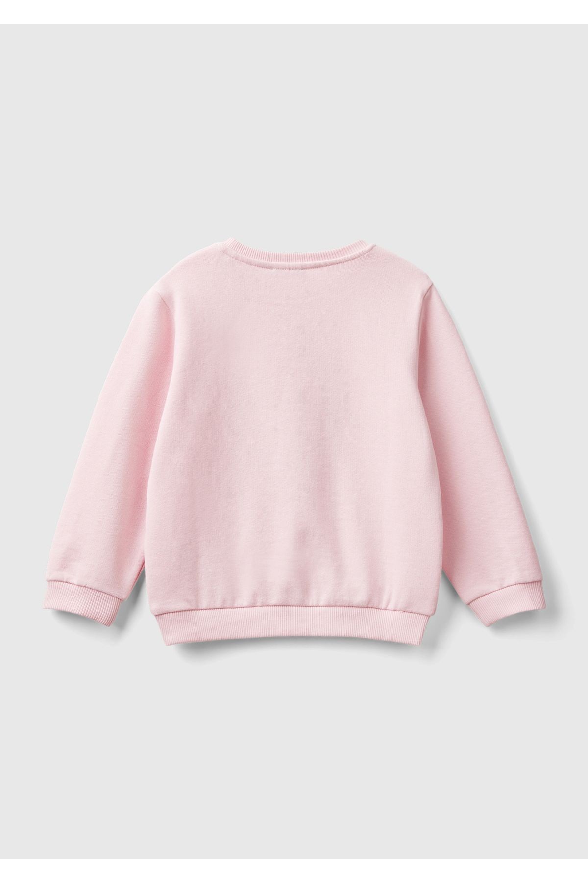 Kız Çocuk Açık Pembe Önü İşlemeli Ribana Detaylı Normal Kesim Bisiklet Yaka Sweatshirt