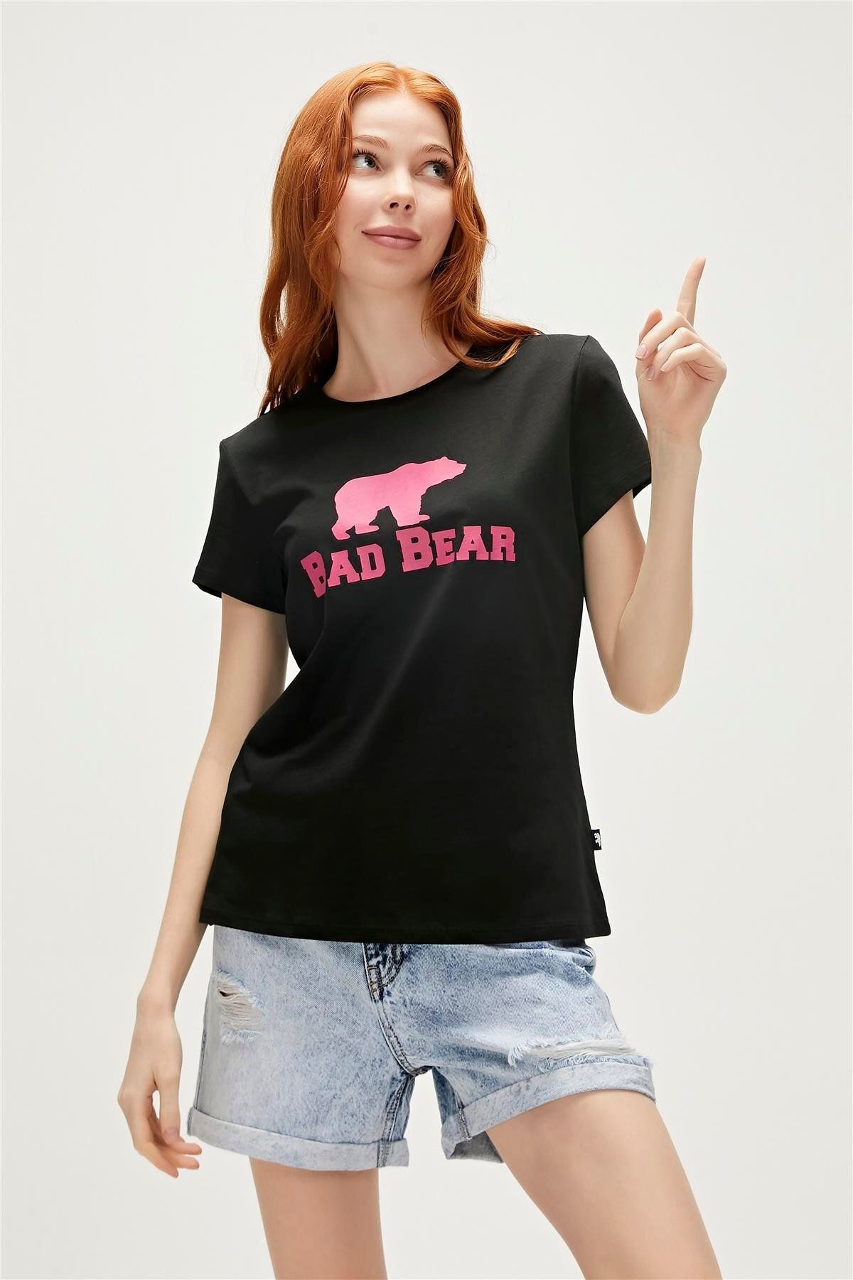 Logo Tee T-shirt Siyah Pembe Baskılı Kadın Tişört