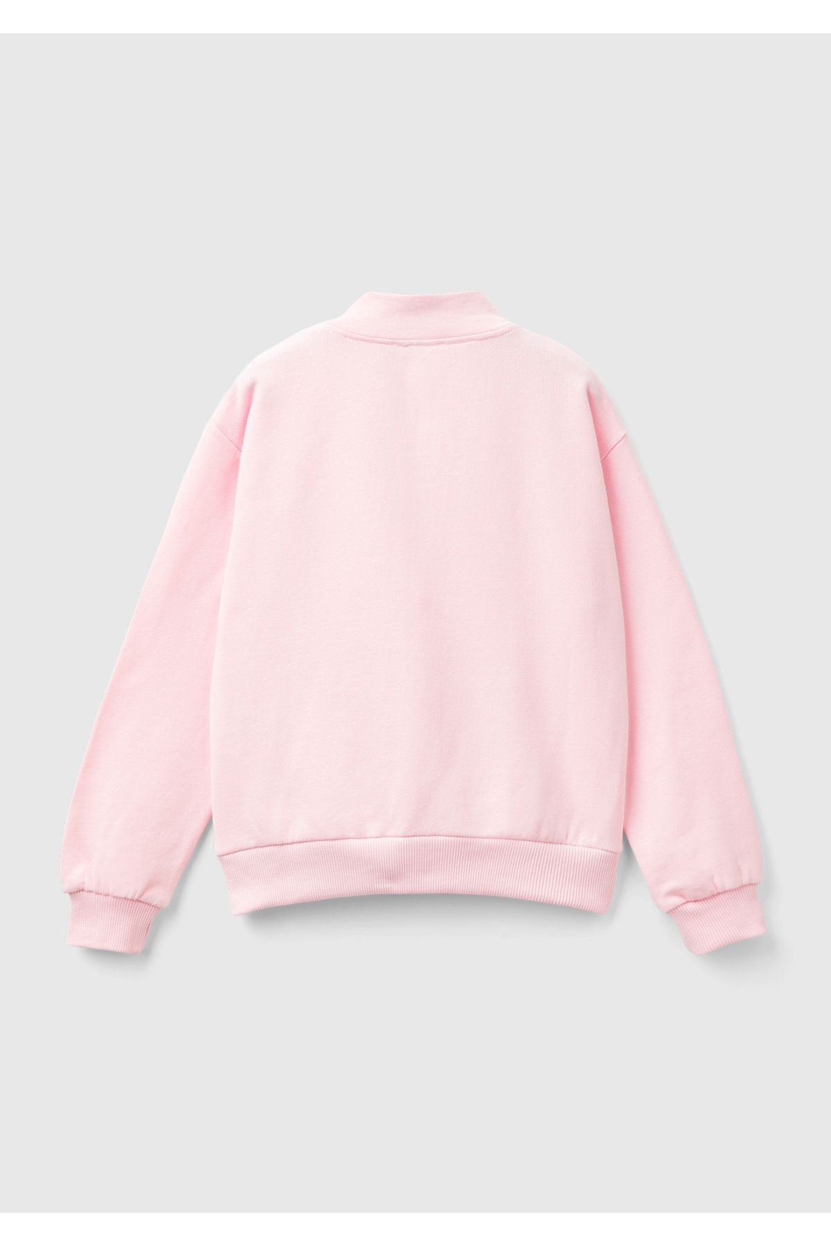 Kız Çocuk Açık Pembe Parıltılı Logo Baskılı Fermuarlı Cepli Yüksek Yaka Sweatshirt