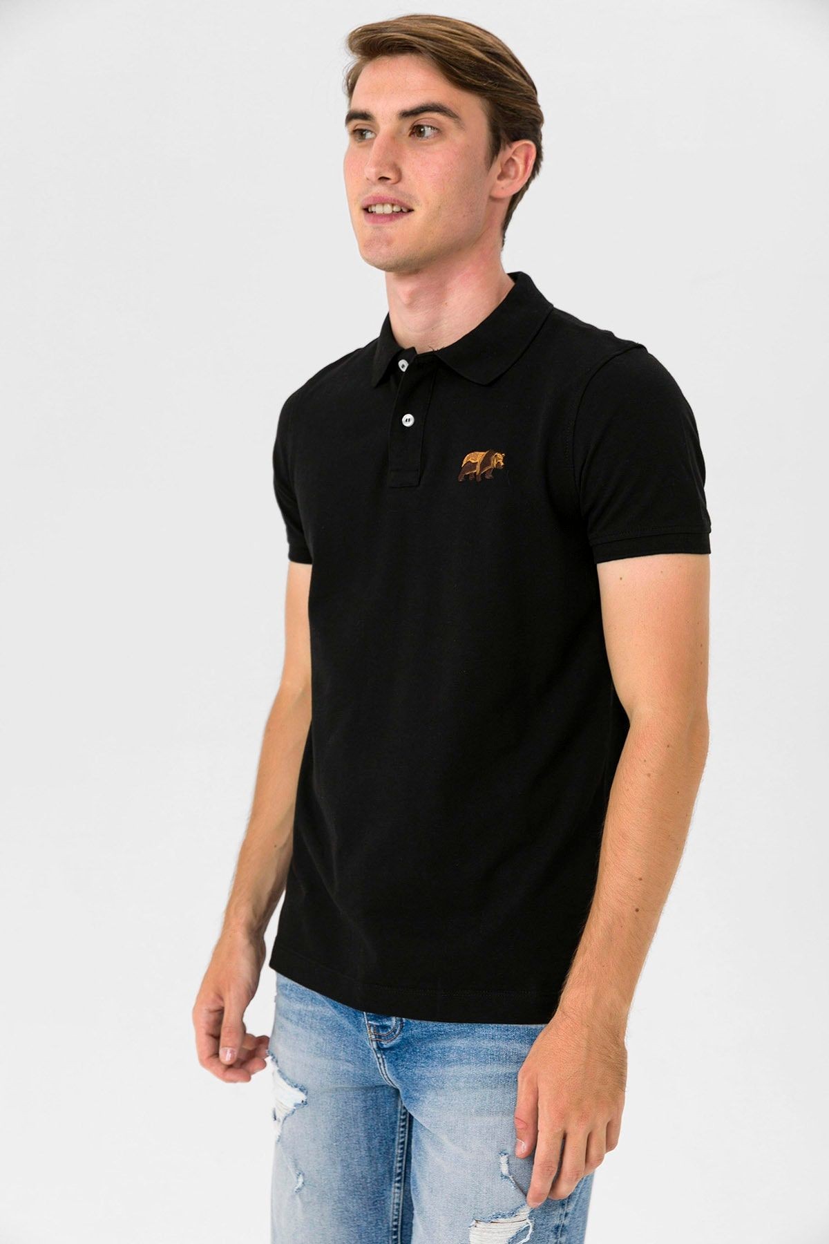 Polo Yaka Ayı Nakış Detaylı Erkek T-shirt - siyah