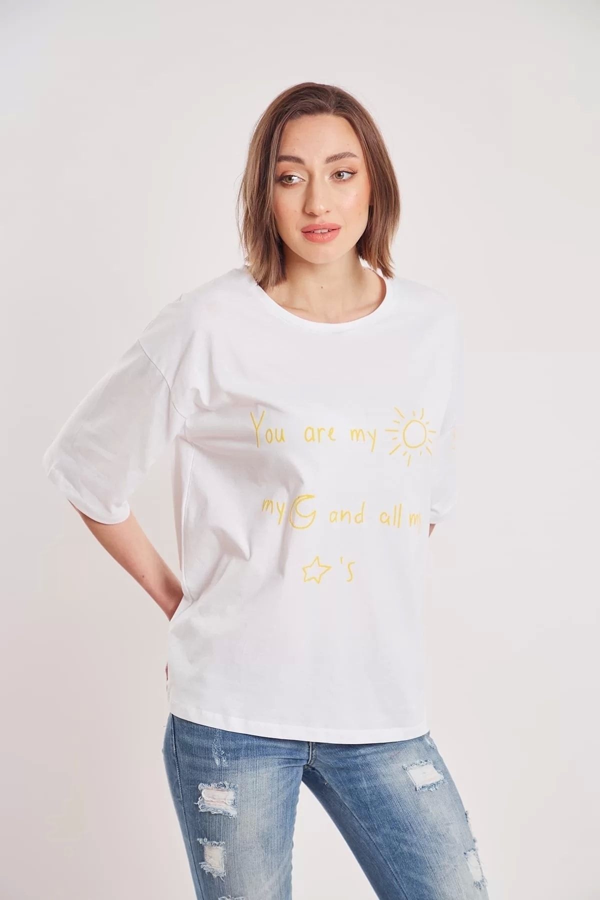 Kadın White Oversize You're My Sun Yazı Baskılı T-shirt