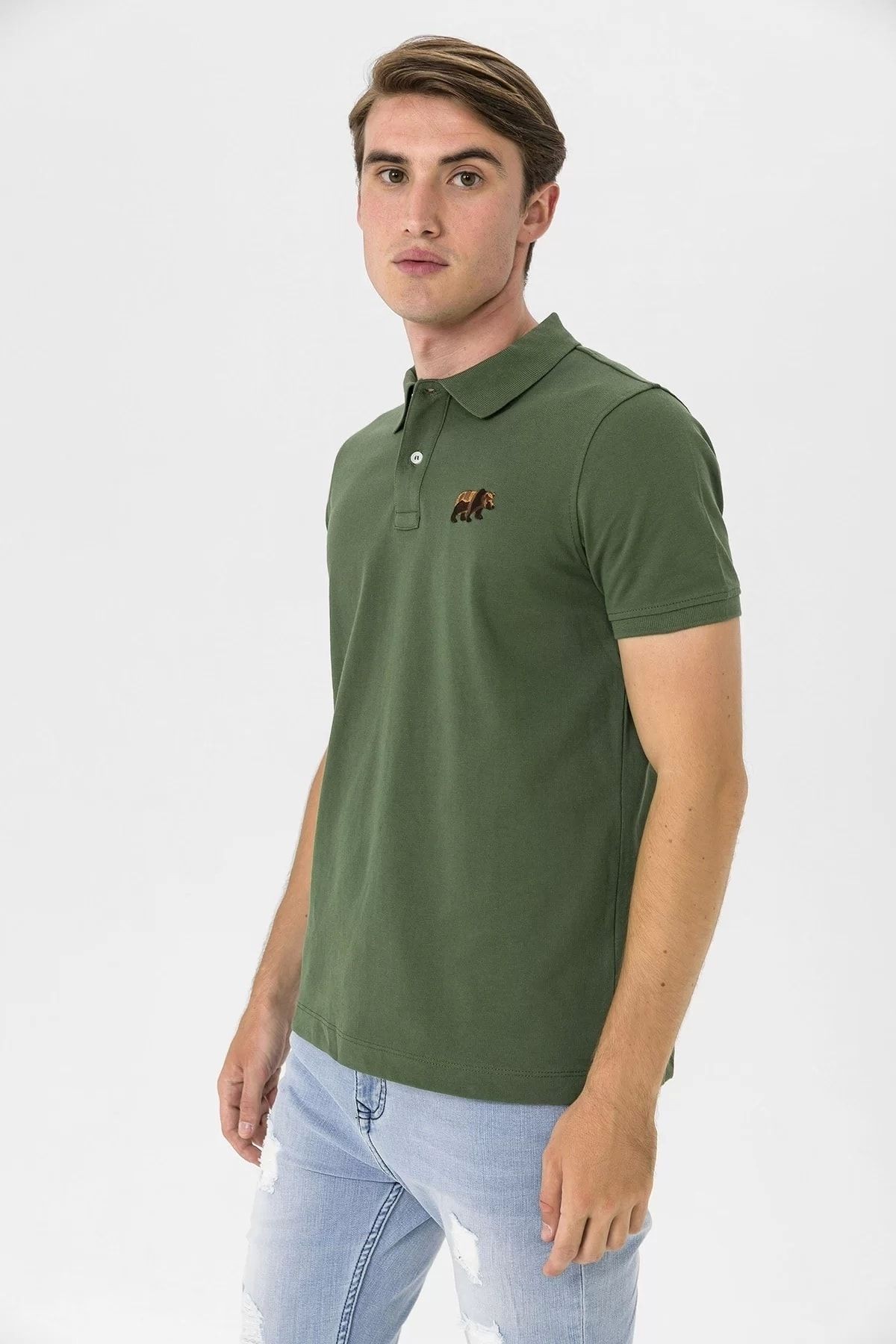 Polo Yaka Ayı Nakış Detaylı Erkek T-shirt - haki