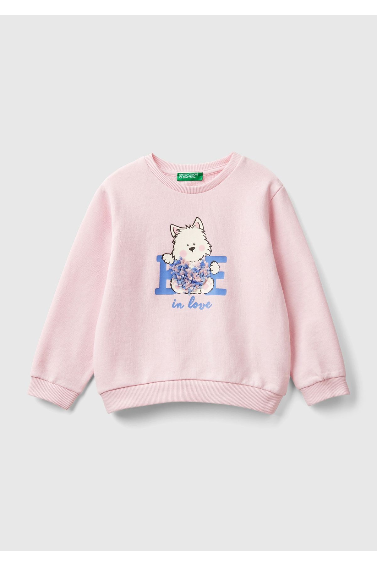 Kız Çocuk Açık Pembe Önü İşlemeli Ribana Detaylı Normal Kesim Bisiklet Yaka Sweatshirt