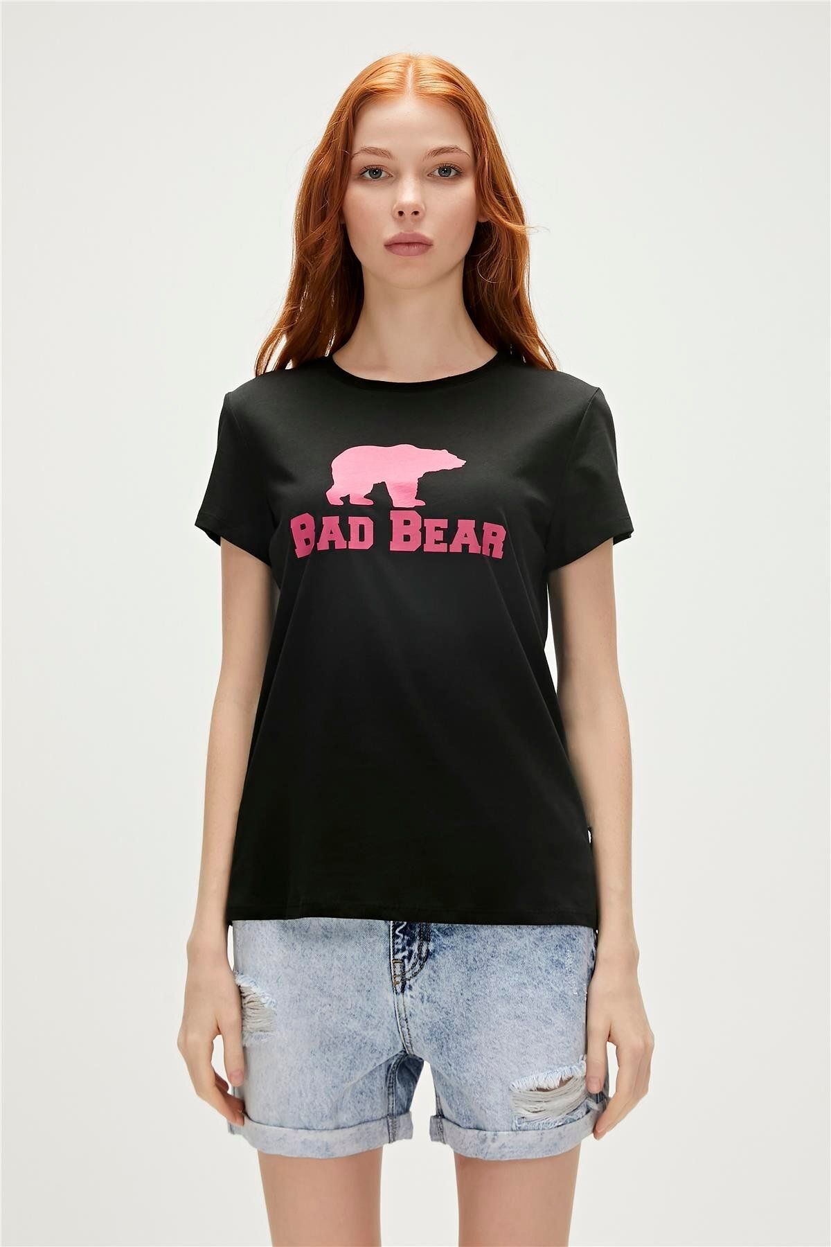 Logo Tee T-shirt Siyah Pembe Baskılı Kadın Tişört