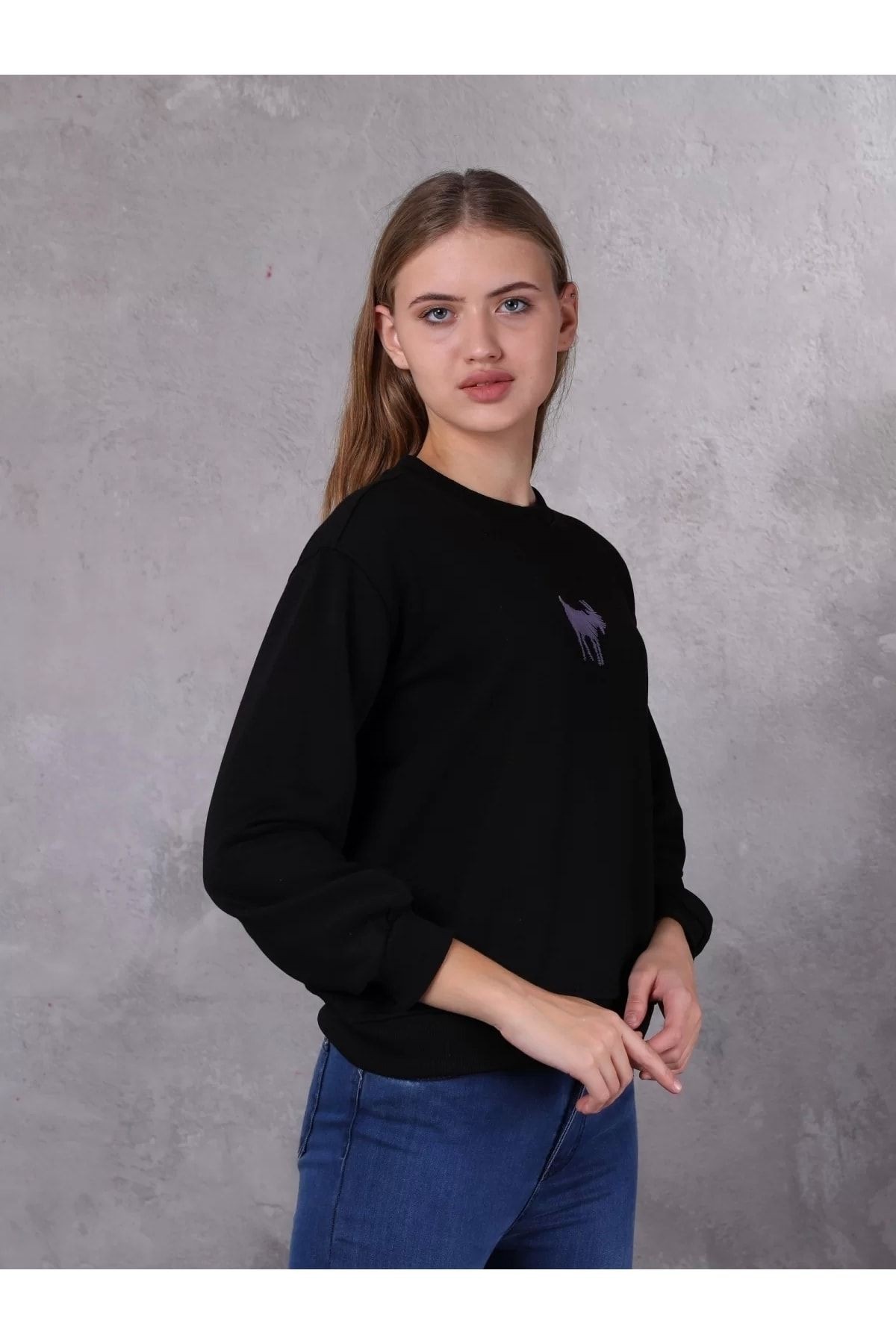 Nakış Detaylı Kadın Sweat Kazak - black