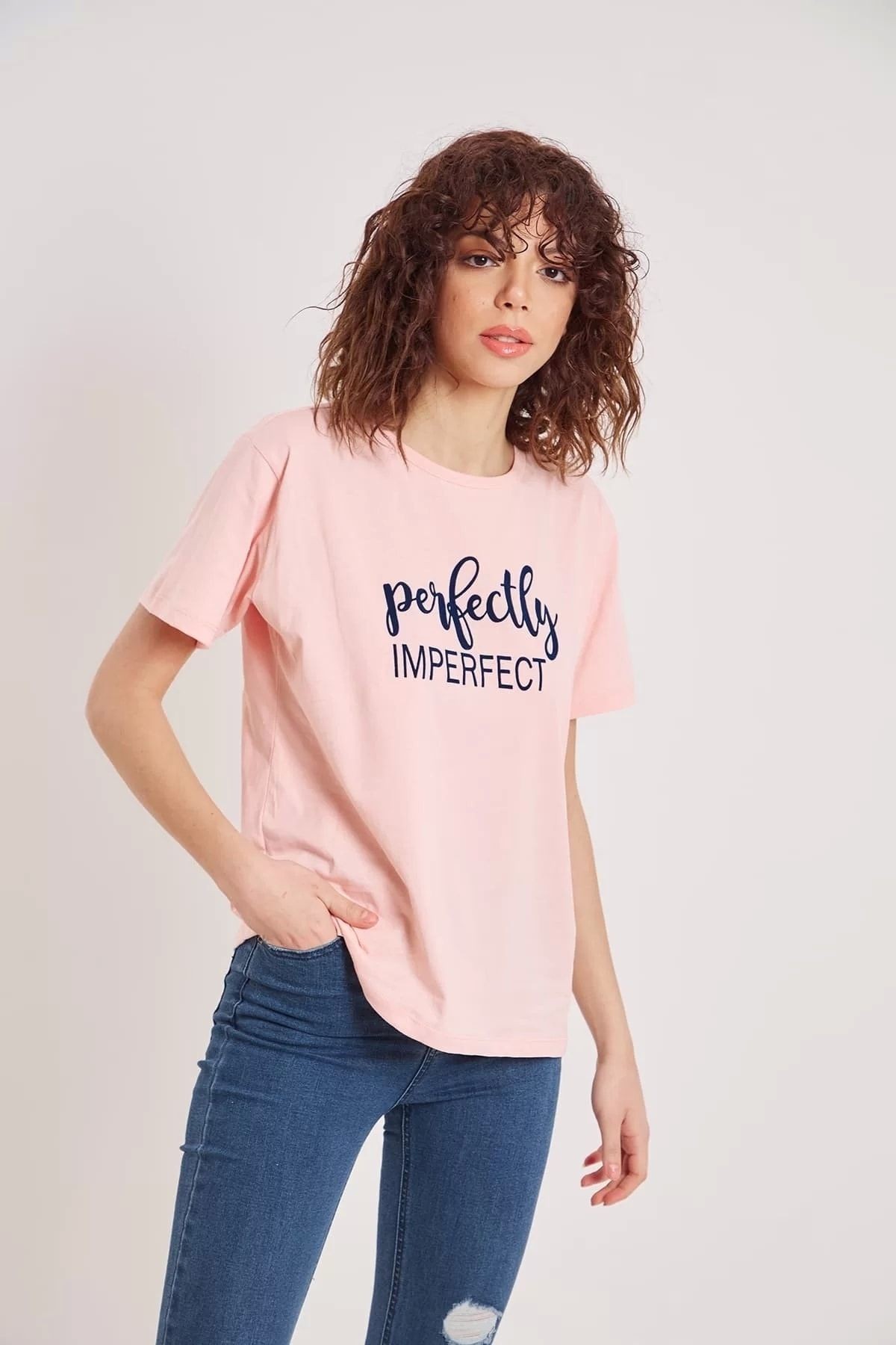 Kadın Perfectly Yazı Baskılı Pudra Renk T-shirt