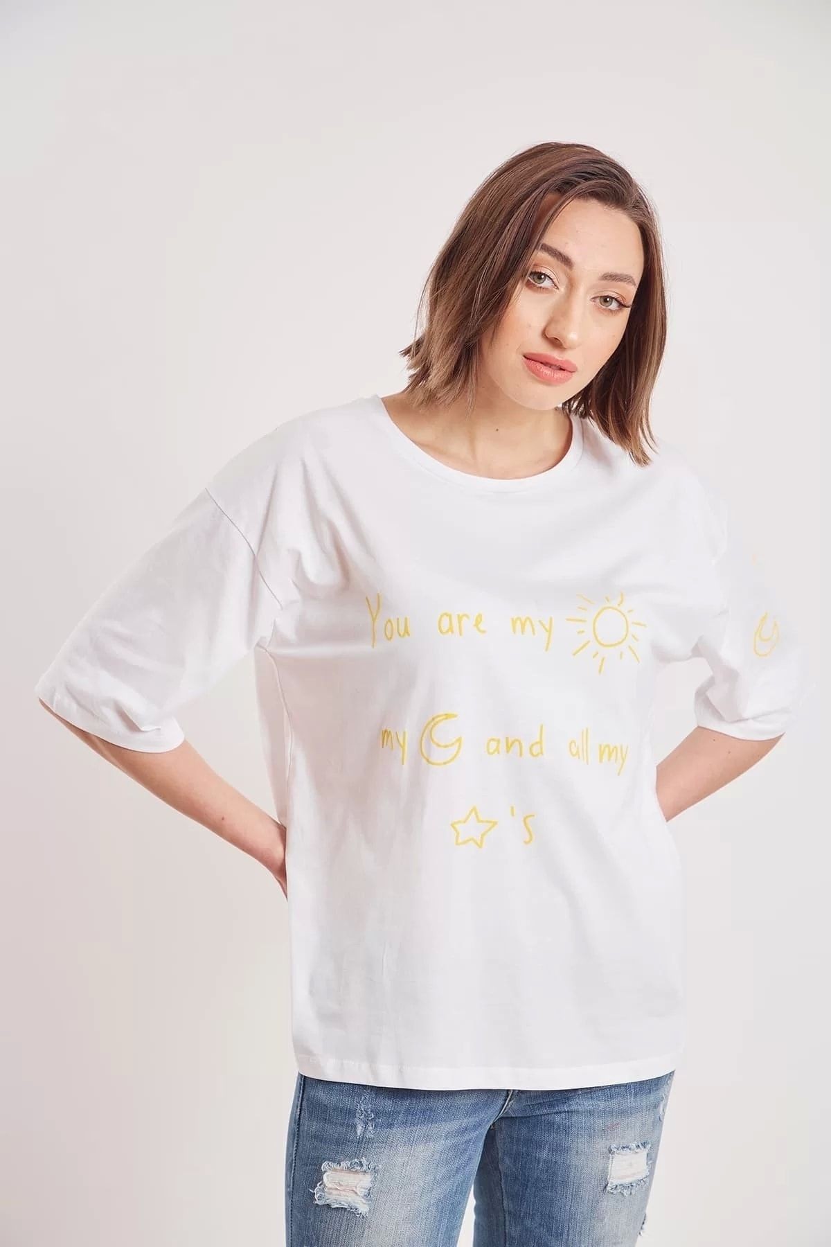 Kadın White Oversize You're My Sun Yazı Baskılı T-shirt