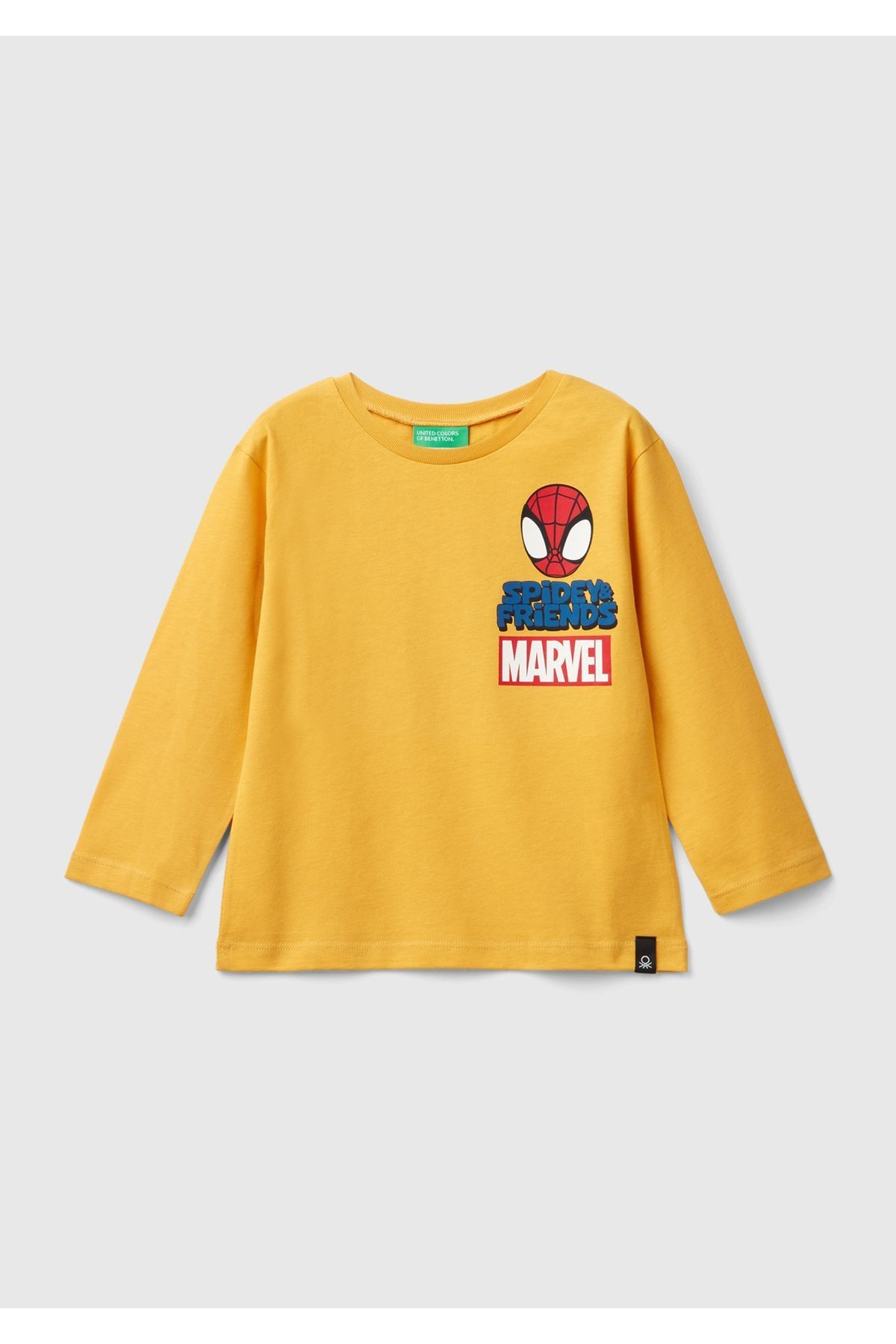 Erkek Çocuk Beyaz Etek Ucu Logo Etiketli Spiderman Baskılı Uzun Kollu T-Shirt - hardal sarı