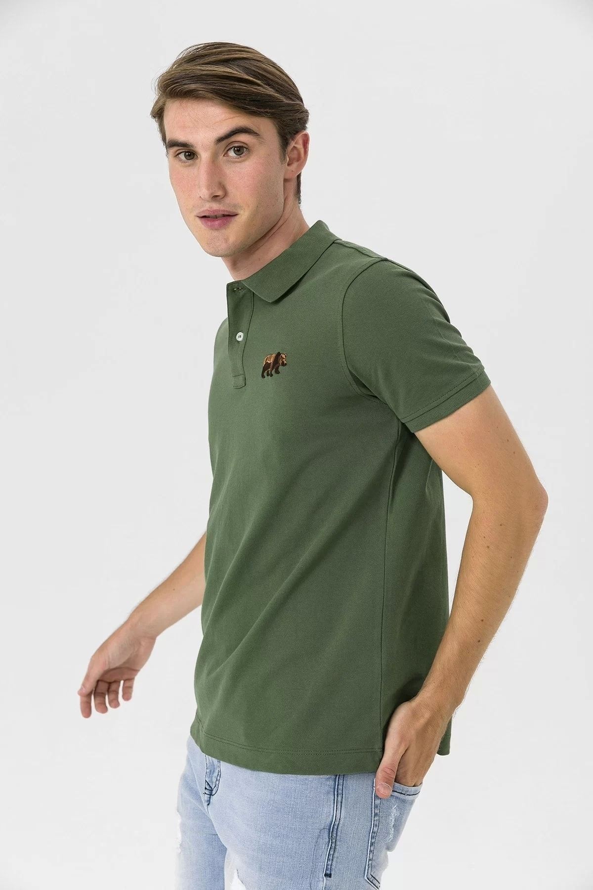 Polo Yaka Ayı Nakış Detaylı Erkek T-shirt