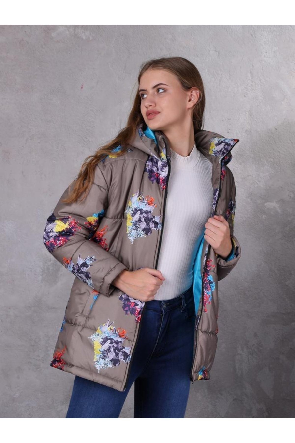 Oversize Retro Gate Dijital Art Puffer Mont Kadın - kahve