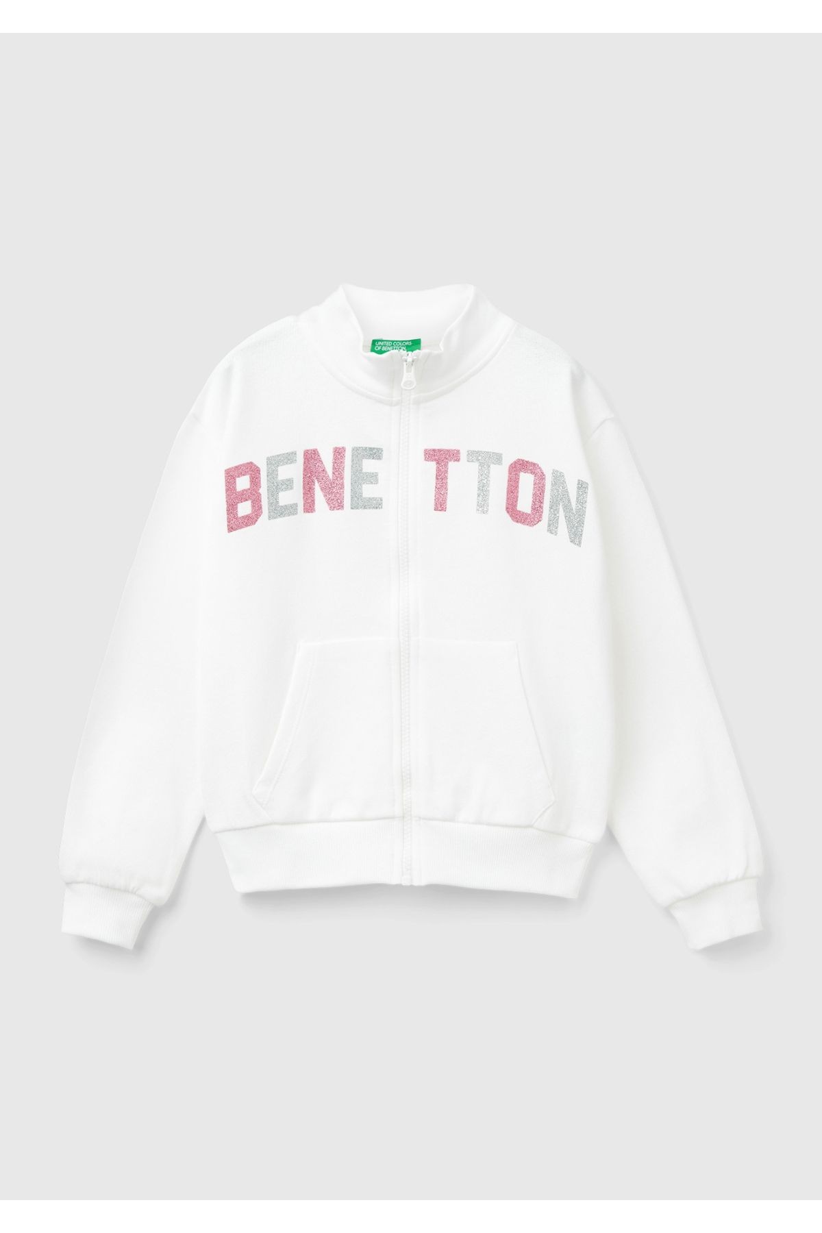 Kız Çocuk Açık Pembe Parıltılı Logo Baskılı Fermuarlı Cepli Yüksek Yaka Sweatshirt - beyaz