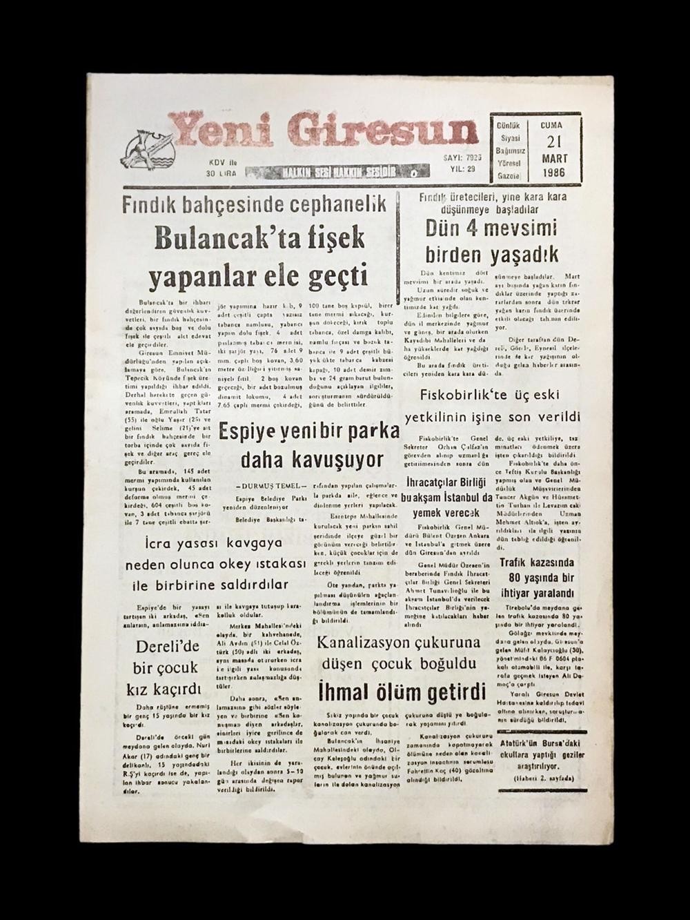 Yeni Giresun gazetesi 21 Mart 1986