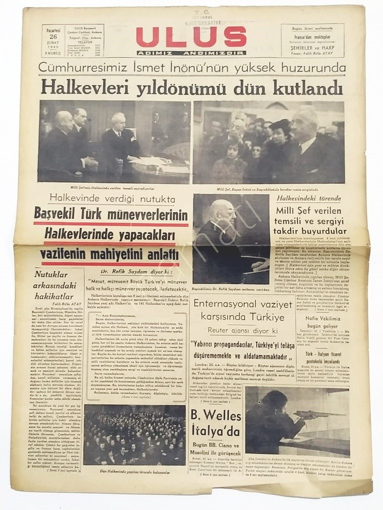 Halkevleri yıldönümü dün kutlandı / Ulus gazetesi 26 Şubat 1940 - Efemera