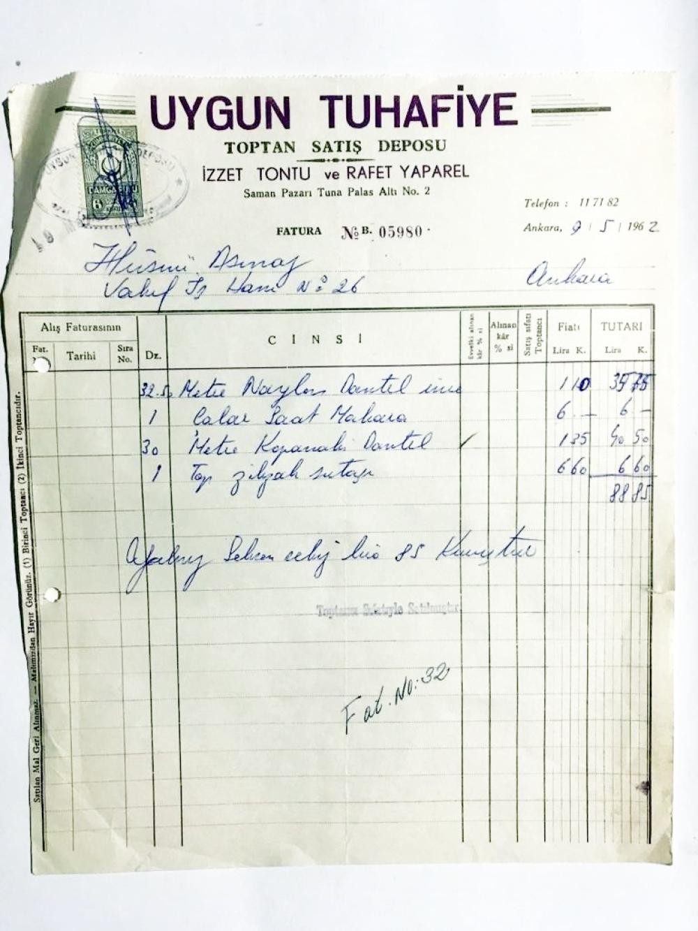 Uygun Tuhafiye Toptan Satış Deposu - İzzet TONTU ve Rafet YAPAREL / 1962 Tarihli Fatura