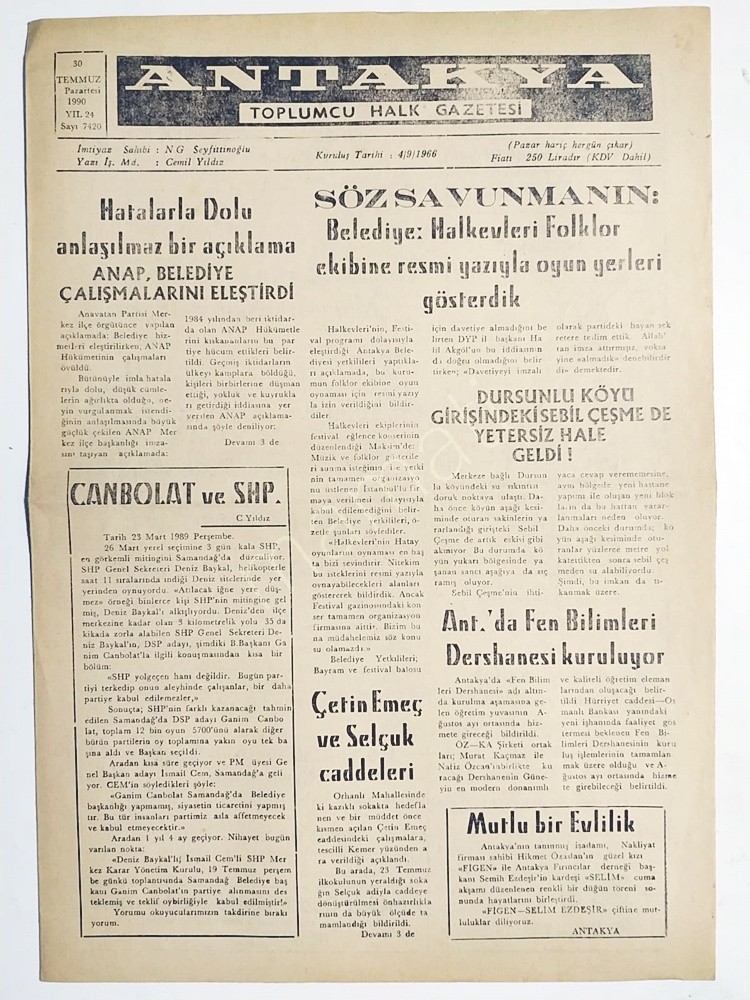 Antakya toplumcu halk gazetesi / 30 Temmuz 1990