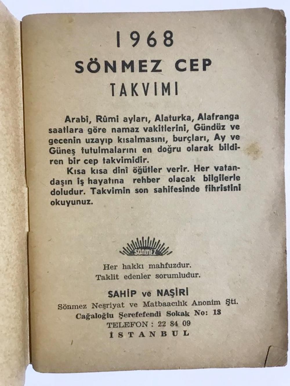 1968 Sönmez Cep Takvimi