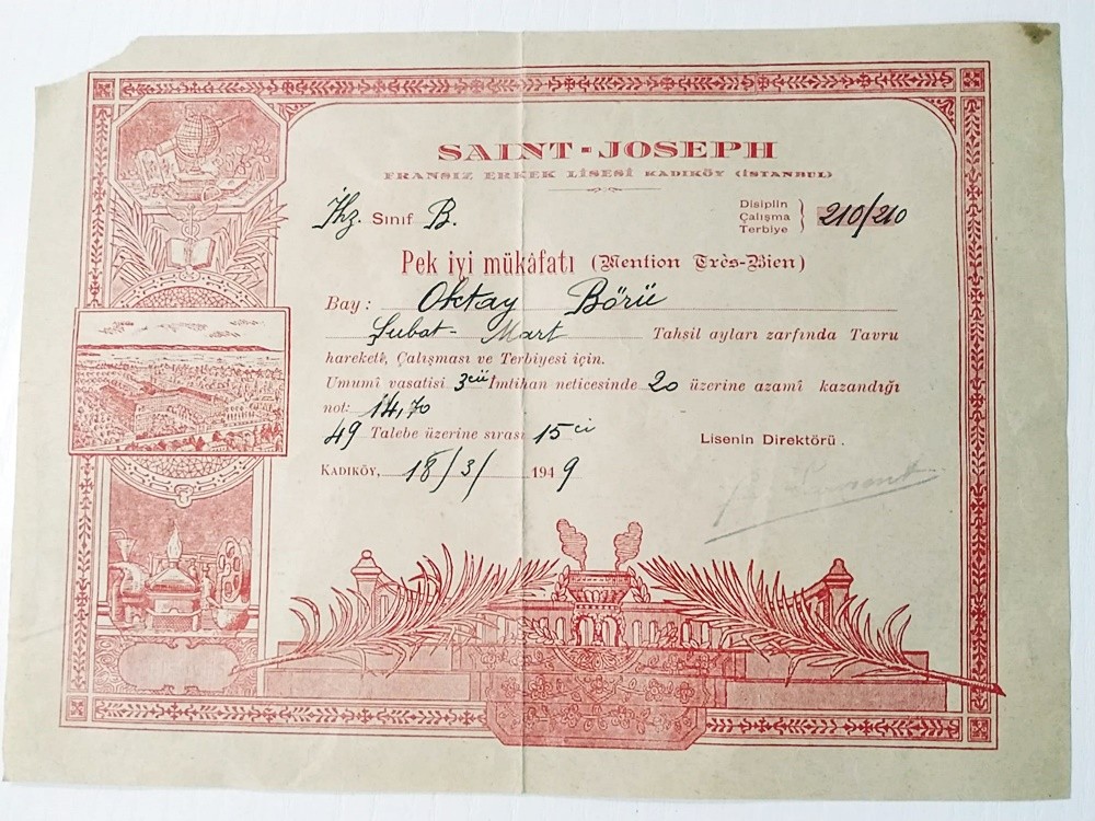 Saint Joseph Fransız Erkek Lisesi 1949 tarihli aferin