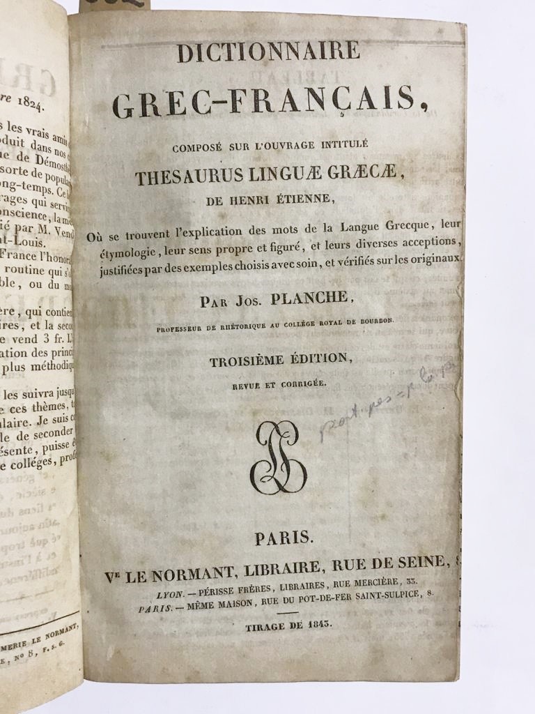 Dictionnaire Grec - Français / De Henri ETIENNE - 1845