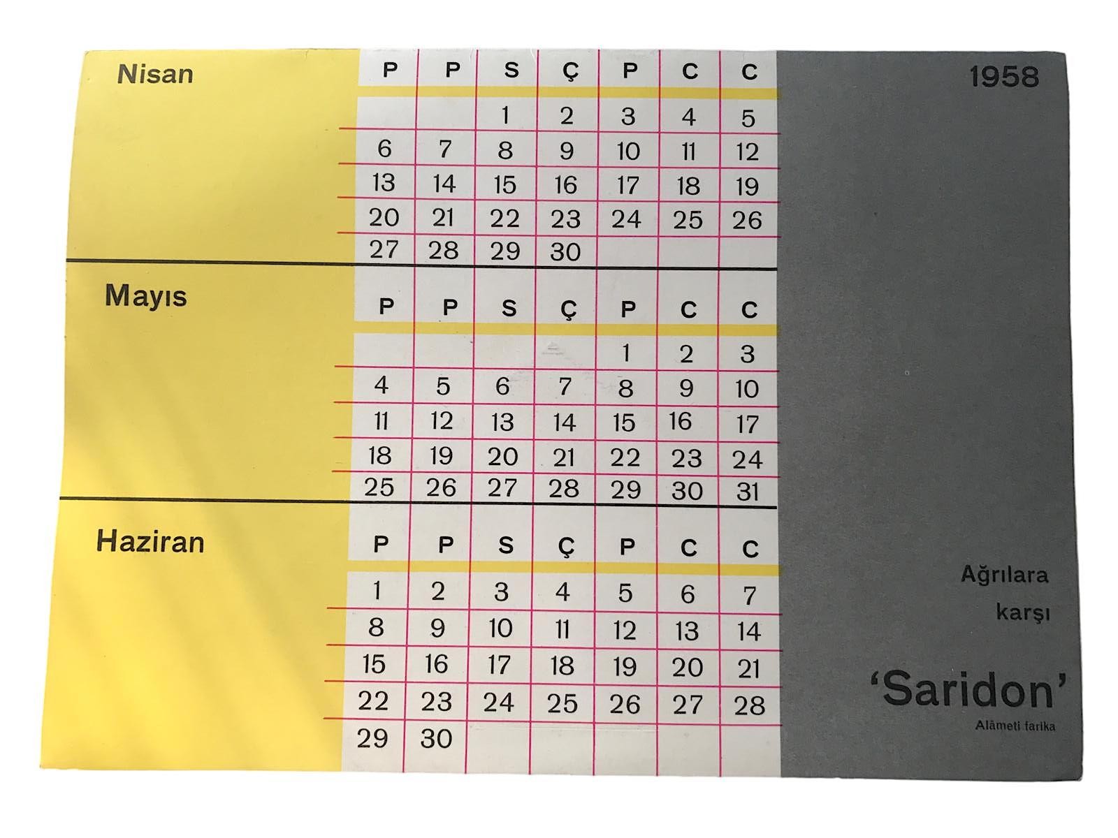 Saridon, Becozyme, Ephynal, Roche - 1958 yılı 3 aylık takvim, katlanır broşür