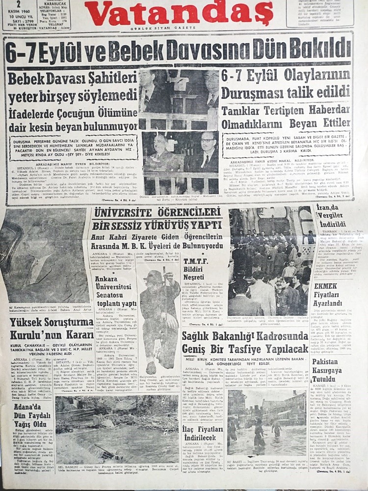 6-7 Eylül ve bebek davasına dün bakıldı - 2. 11.1960 Adana Vatandaş gazetesi