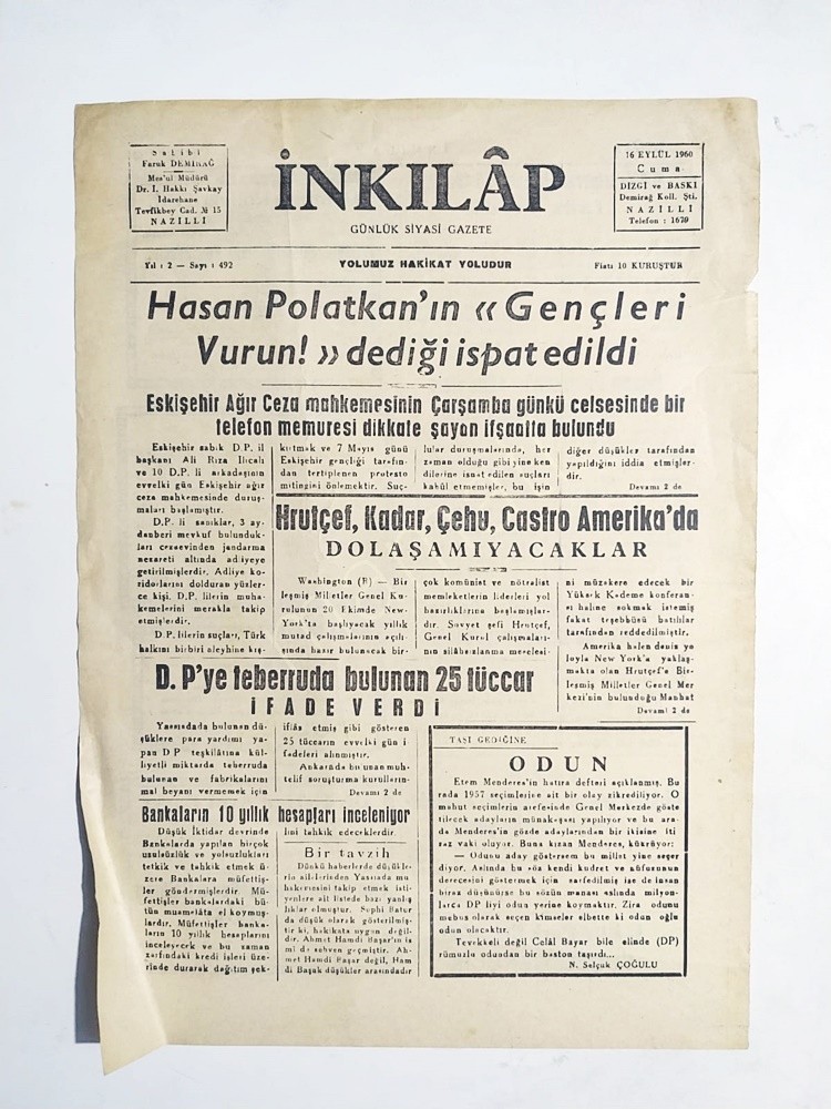 NAZİLLİ - İnkılap gazetesi, 16 Eylül 1960 - Eski Gazete