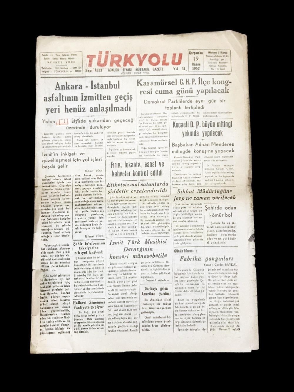 Türkyolu Gazetesi - 19 Kasım 1952 / İZMİT