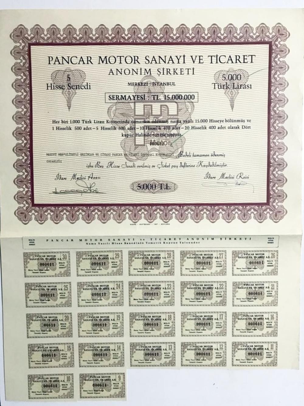 Pancar Motor 5000 Türk Lirası - Hisse senedi