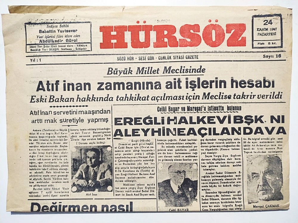 Hürsöz gazetesi 24 Kasım 1947 ESKİŞEHİR - Gazete