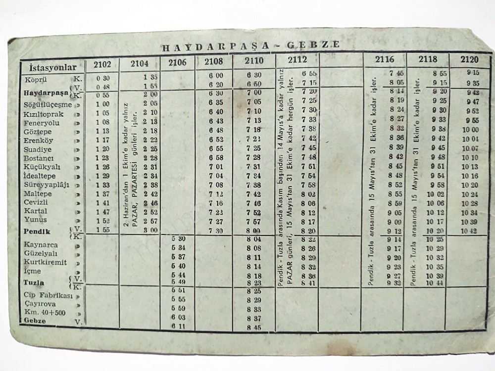 Haydarpaşa Pendik Gebze Banliyö Trenleri - 1966 Kalkış varış saatleri