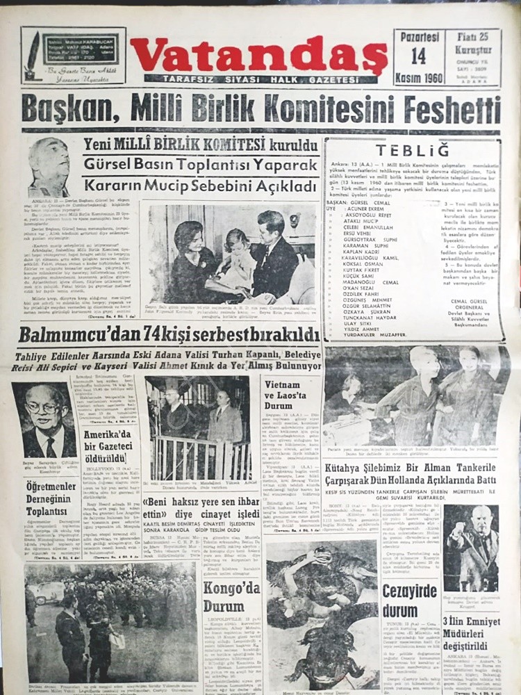 Başkan Milli birlik komitesini feshetti 14,11,1960 Adana Vatandaş gazetesi