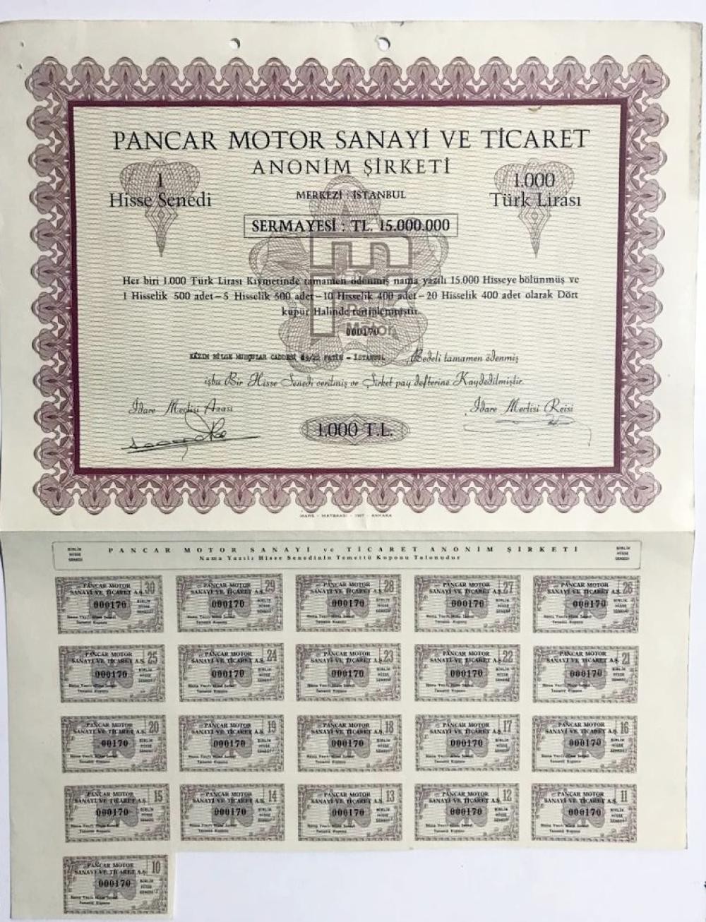 Pancar Motor 1000 Türk Lirası - Hisse senedi