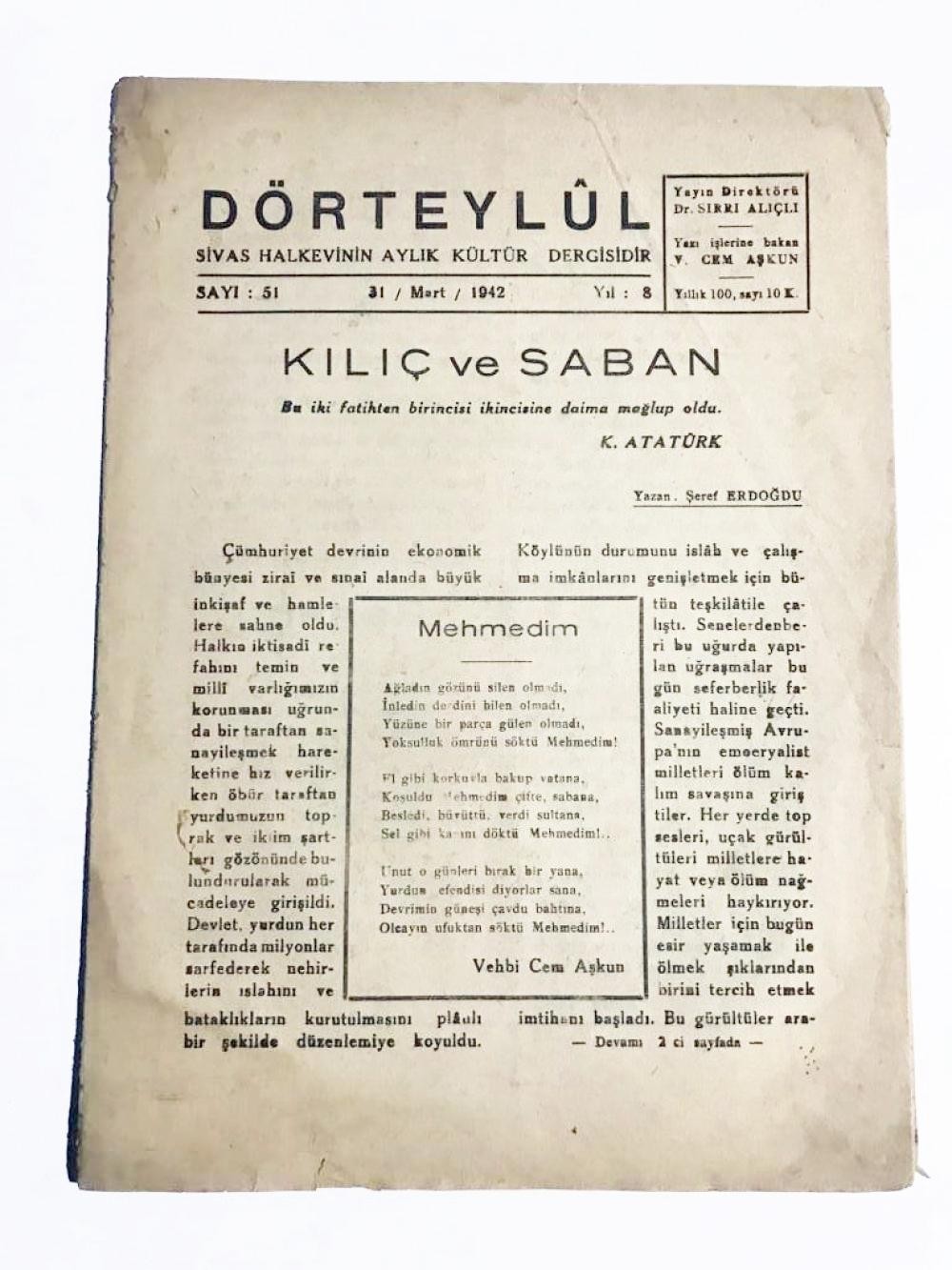 Dörteylül - Sivas Halkevinin Aylık Kültür Dergisi / 31 Mart 1942