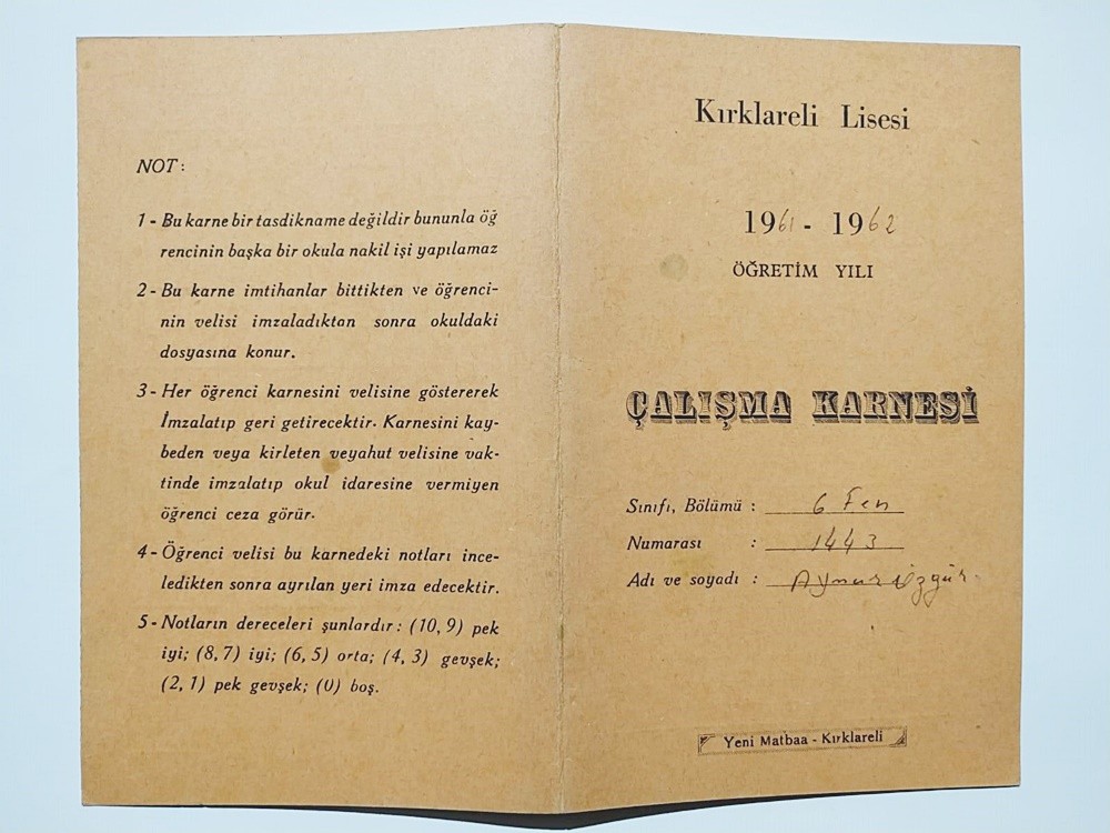 Kırklareli Lisesi 1961 Öğretim Yılı Karne / Efemera