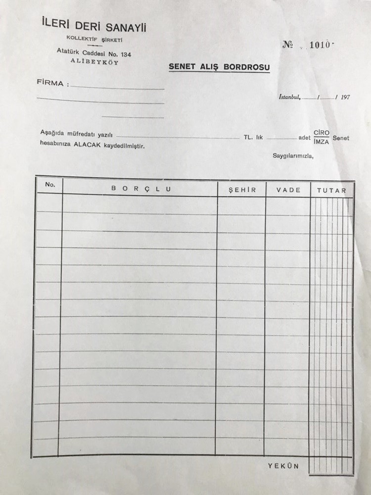 İleri Deri Sanayii Koll. Şti. / Senet alış bordrosu - Efemera