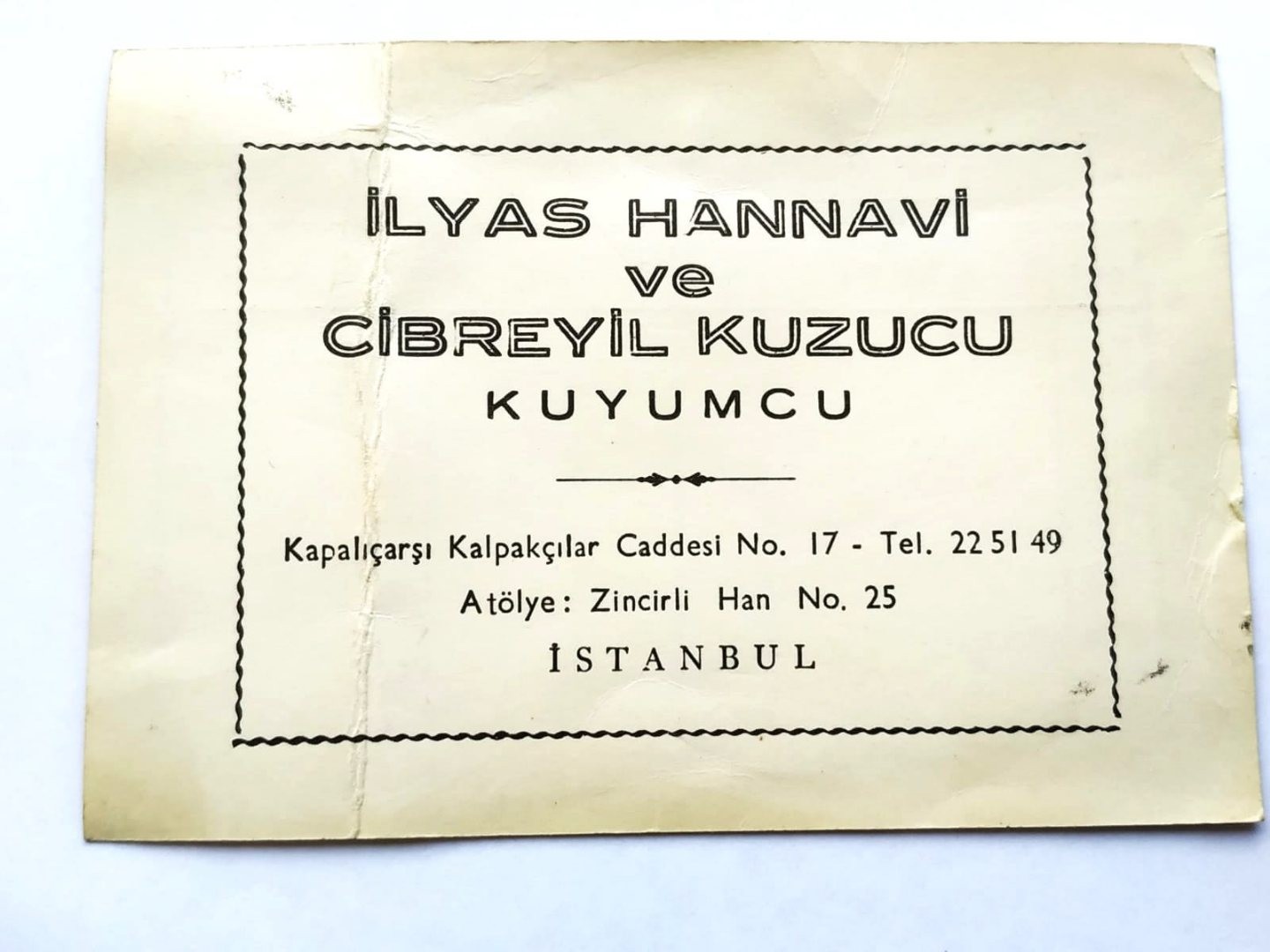 İlyas HANNAVİ ve Cibreyil KUZUCU Kuyumcu, Kapalıçarşı / Kartadres - Efemera