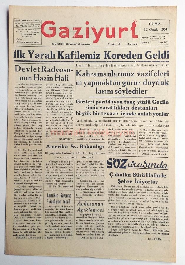 KORE / Gaziantep Gaziyurt gazetesi, 12 Ocak 1951 - Efemera