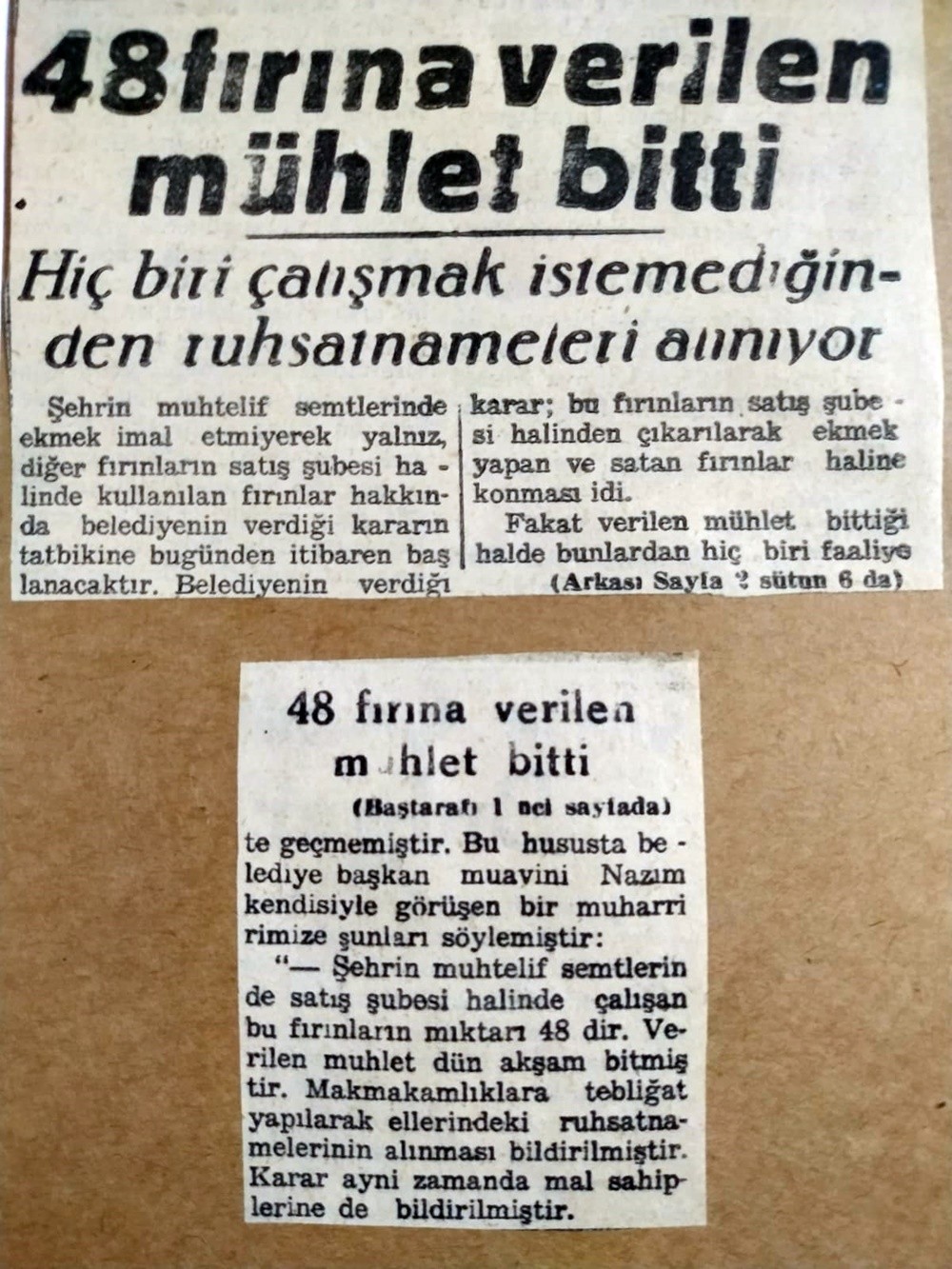 48 fırına verilen mühlet bitti - 1948 tarihli gazete haberi