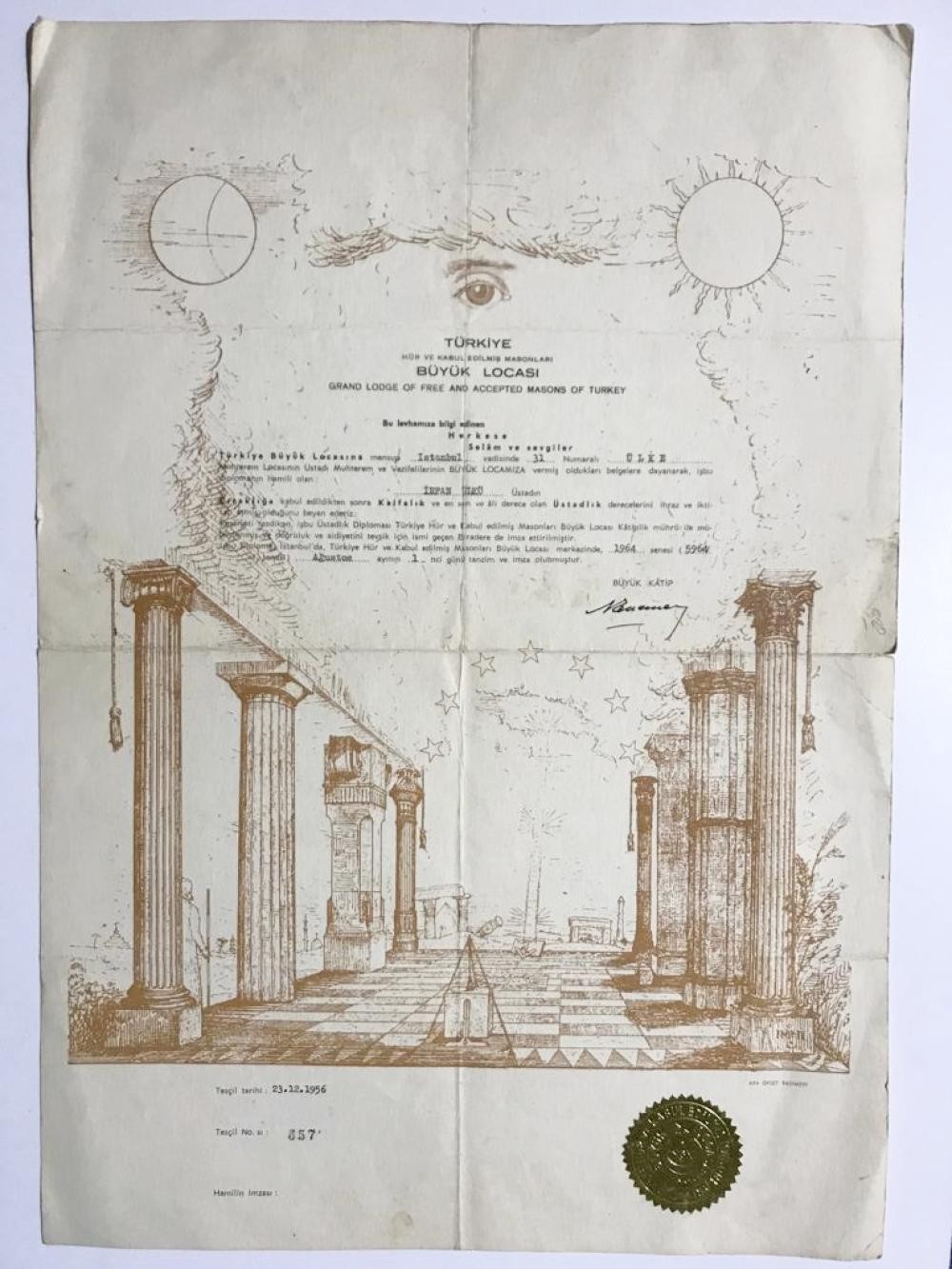 1956 tarihli, Üstadı Muhterem diploması - 34x50 Masonik evrak