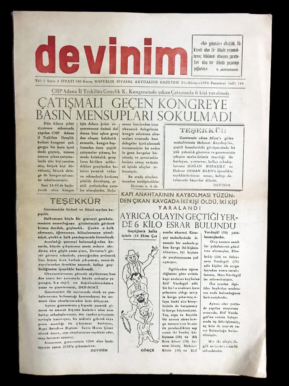 Devinim Gazetesi Sayı:3 - 21 Ekim 1974 OSMANİYE