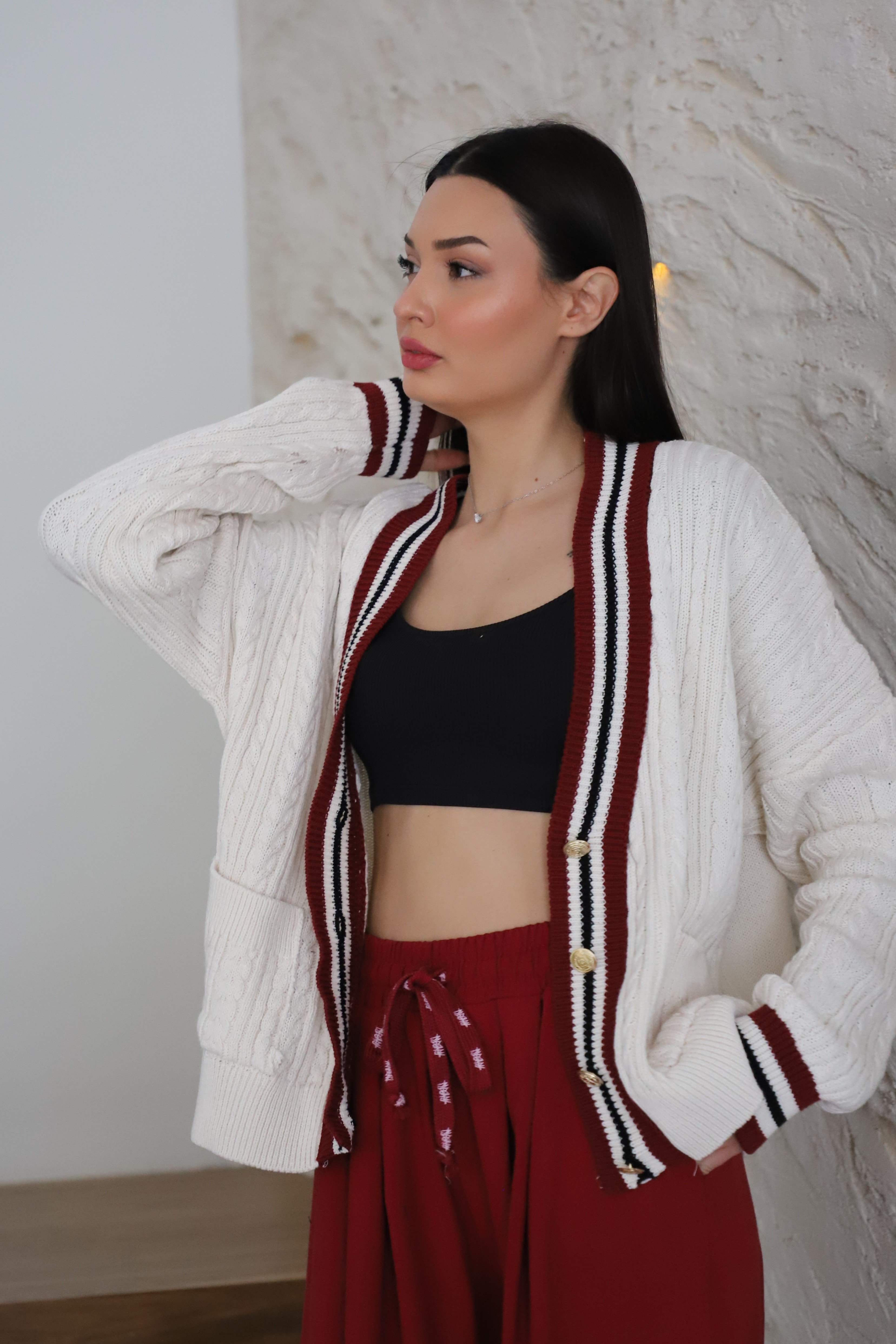 Bordo Şeritli Örme Triko Hırka