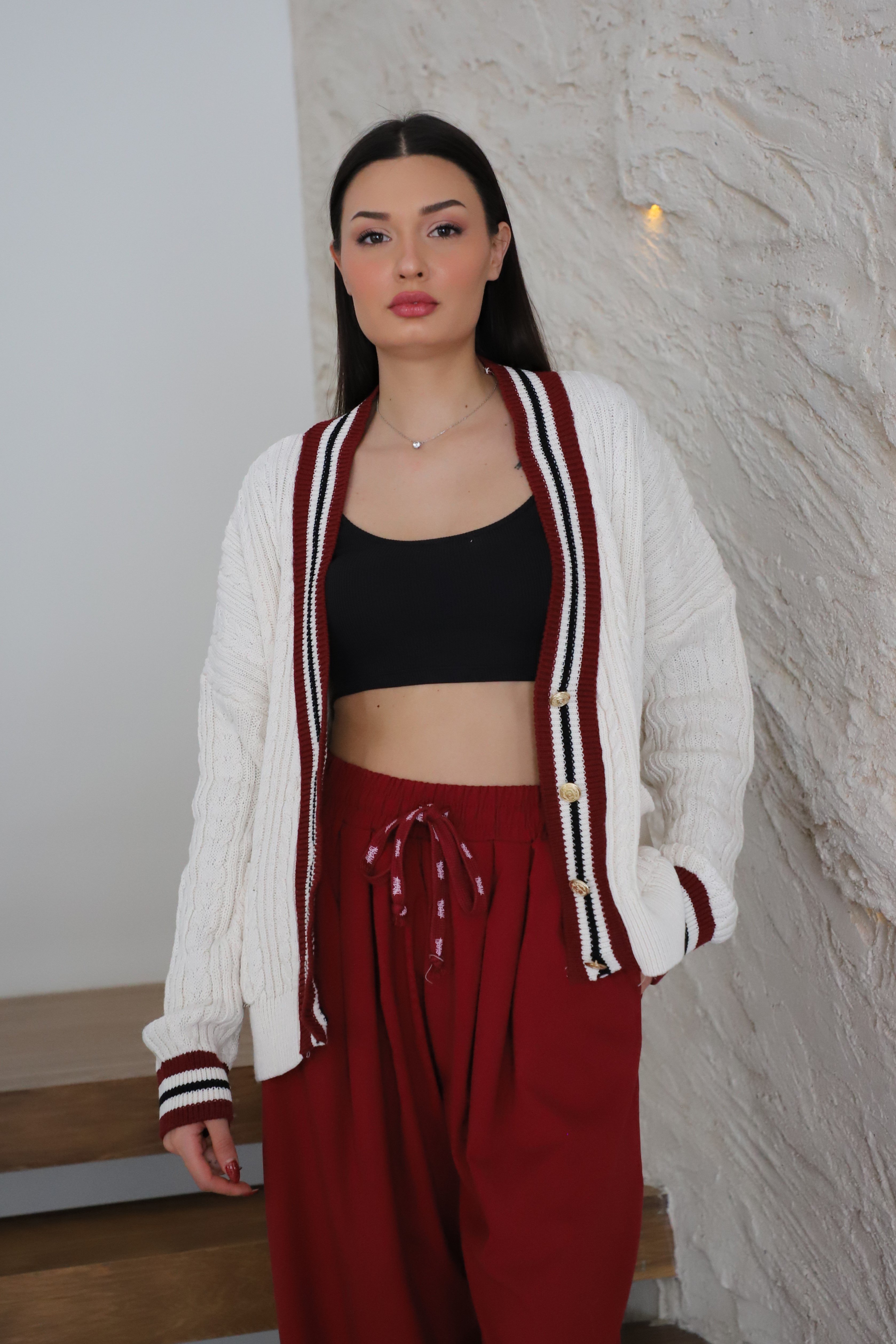 Bordo Şeritli Örme Triko Hırka